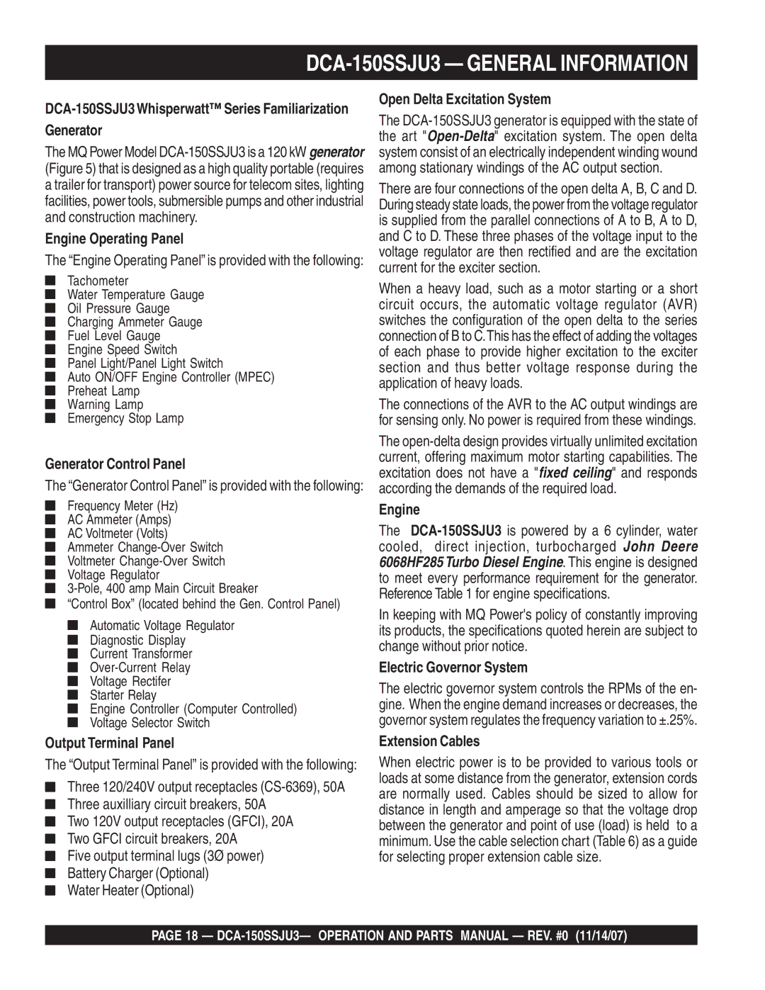 Multiquip DCA-150SSJU3 Engine Operating Panel, Generator Control Panel, Output Terminal Panel, Extension Cables 