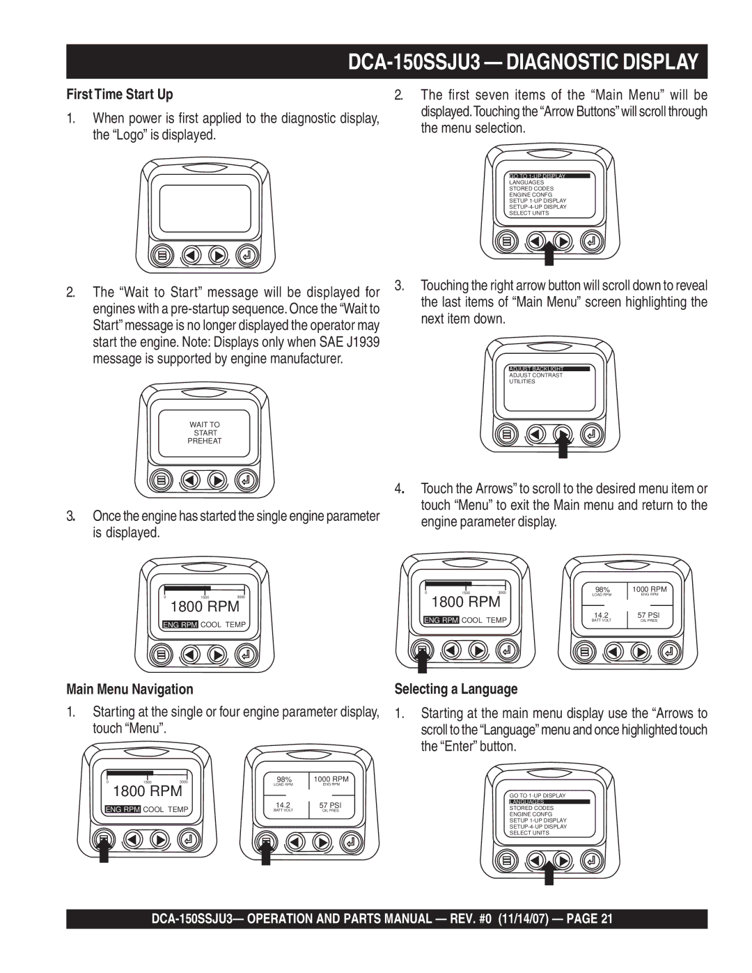 Multiquip DCA-150SSJU3 Diagnostic Display, First Time Start Up, Main Menu Navigation, Selecting a Language 