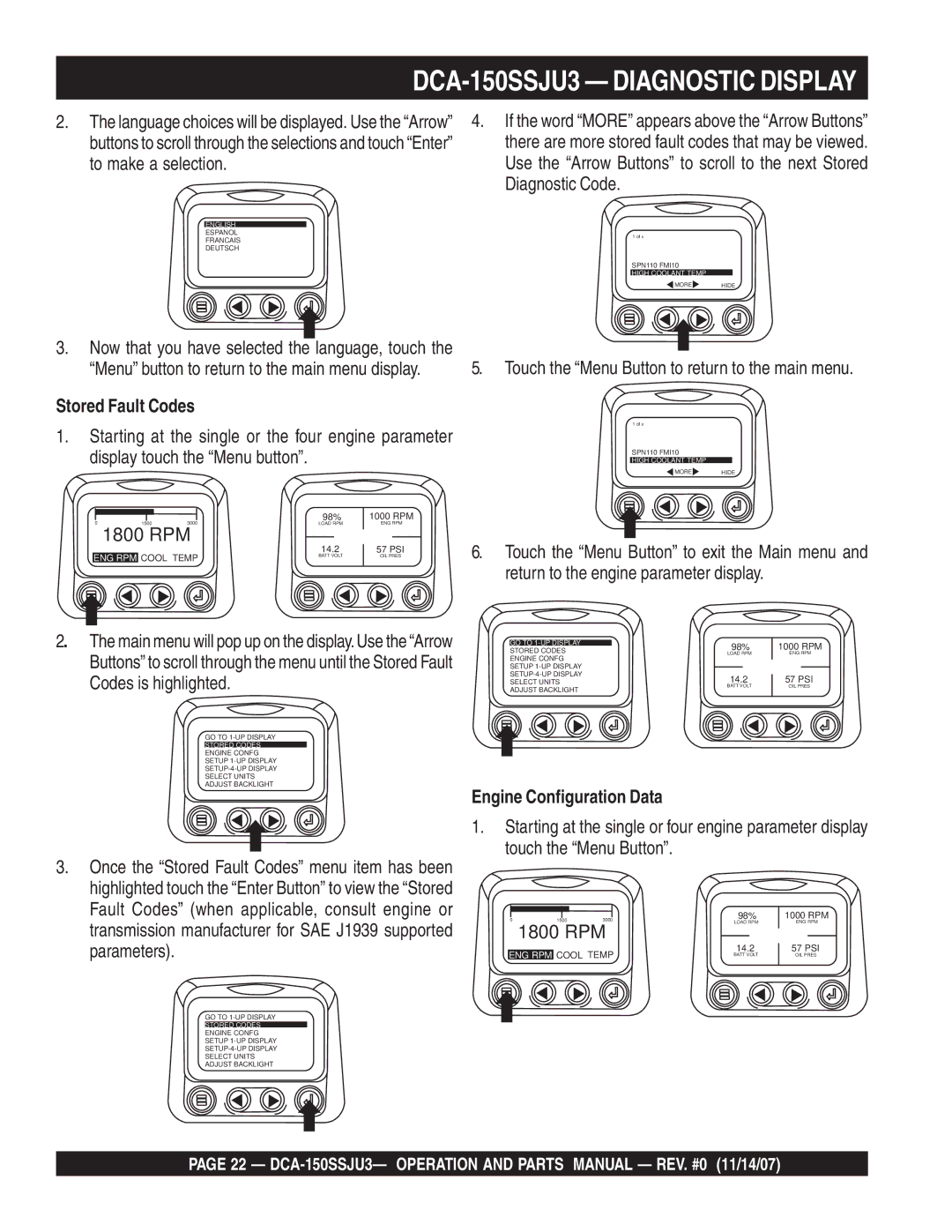 Multiquip DCA-150SSJU3 operation manual To make a selection, Diagnostic Code, Stored Fault Codes, Engine Configuration Data 