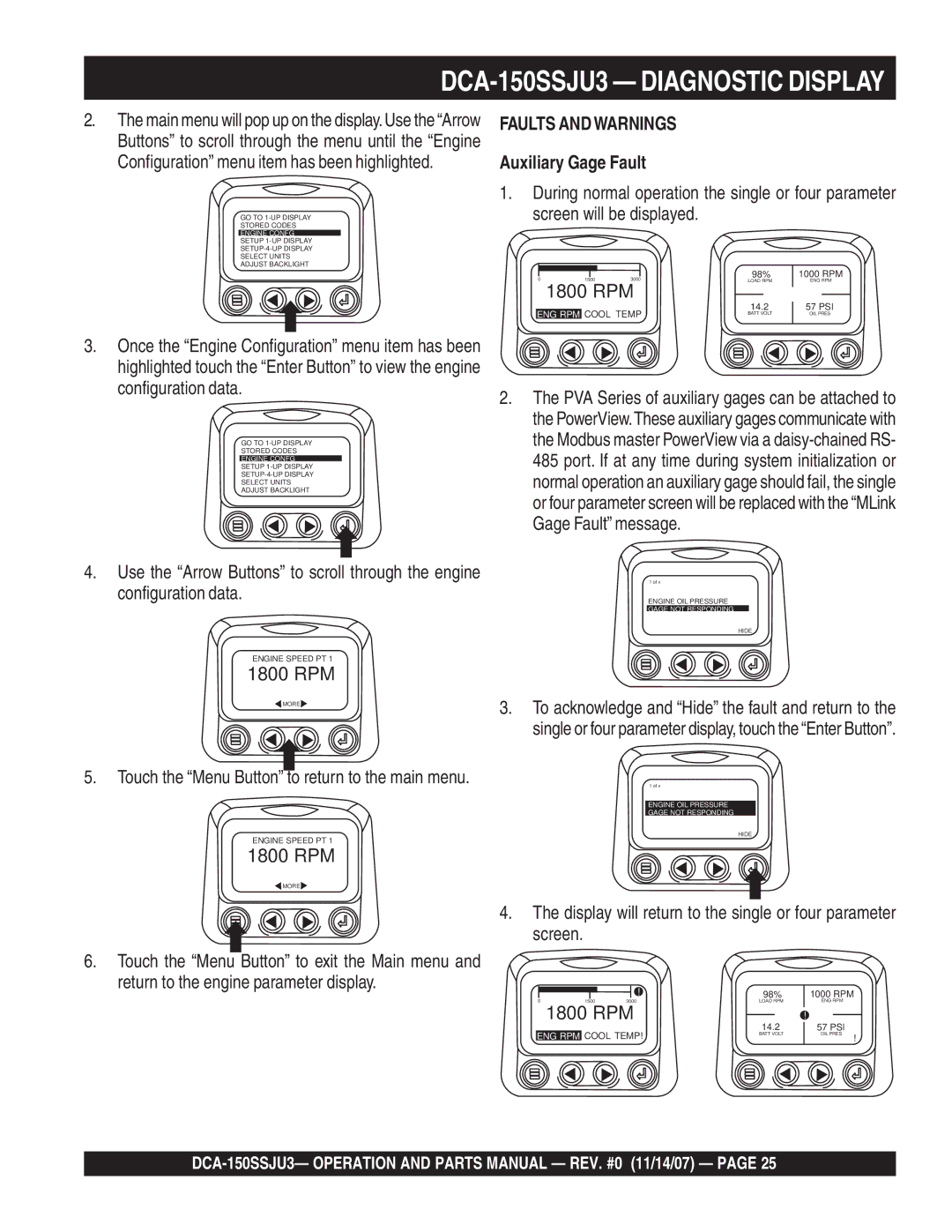 Multiquip DCA-150SSJU3 operation manual Auxiliary Gage Fault, Display will return to the single or four parameter screen 