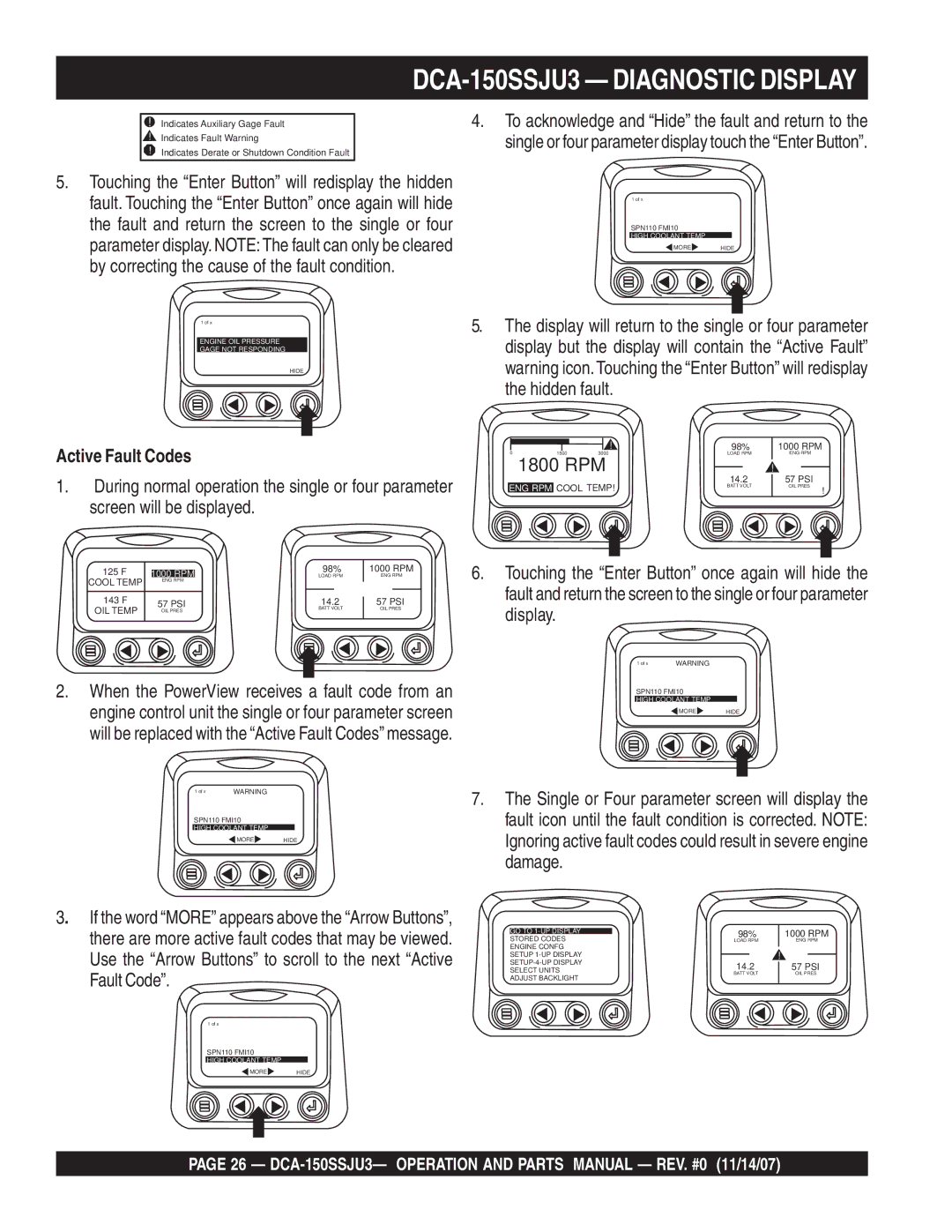 Multiquip DCA-150SSJU3 operation manual Active Fault Codes 