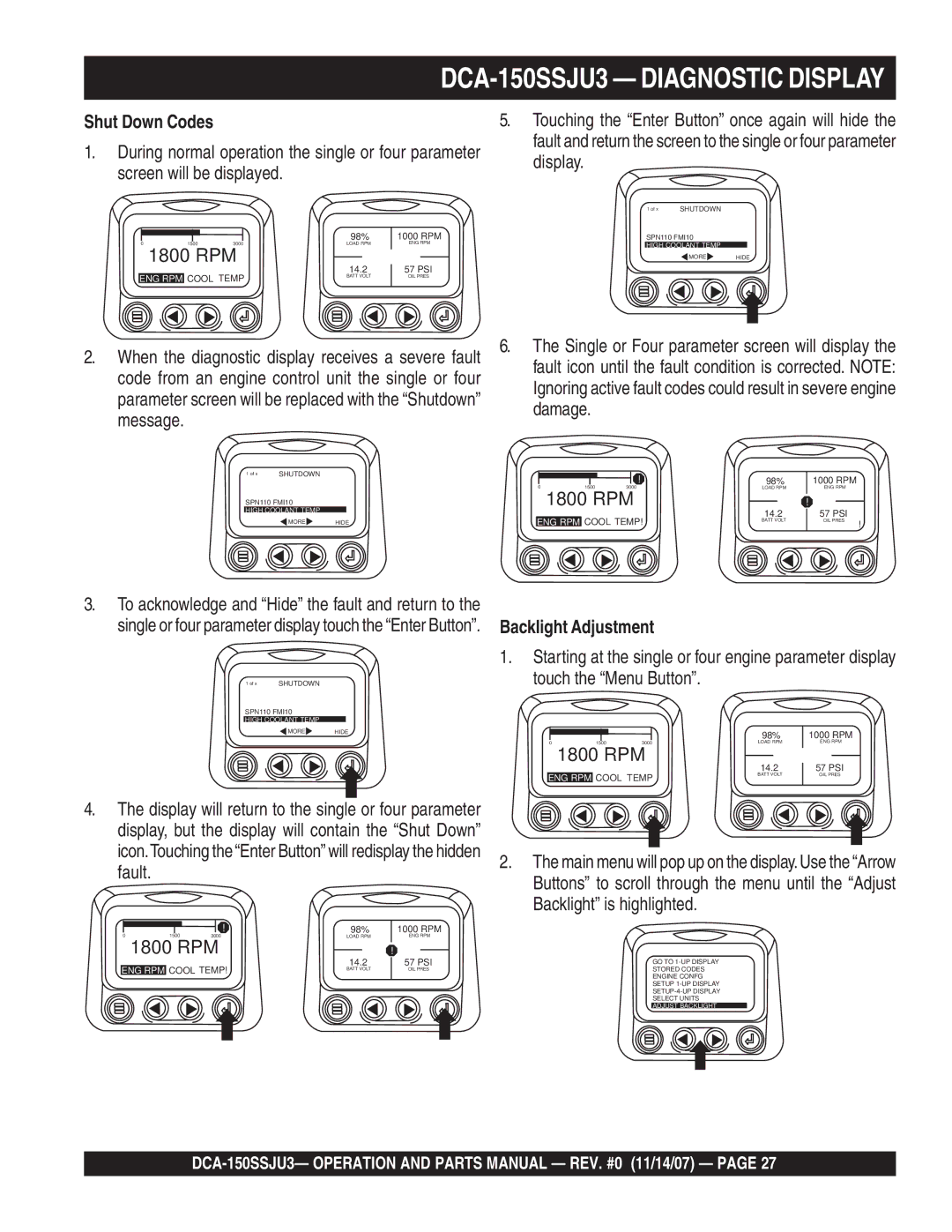 Multiquip DCA-150SSJU3 Shut Down Codes, Code from an engine control unit the single or four, Damage, Message 