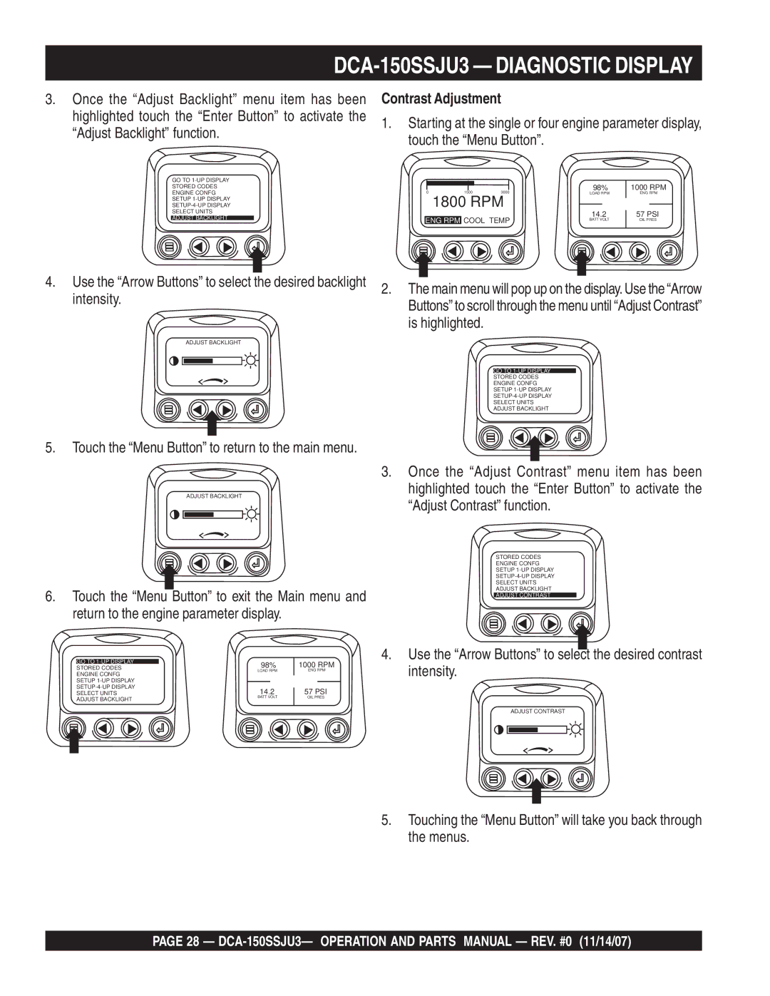 Multiquip DCA-150SSJU3 operation manual Contrast Adjustment, Intensity, Is highlighted 