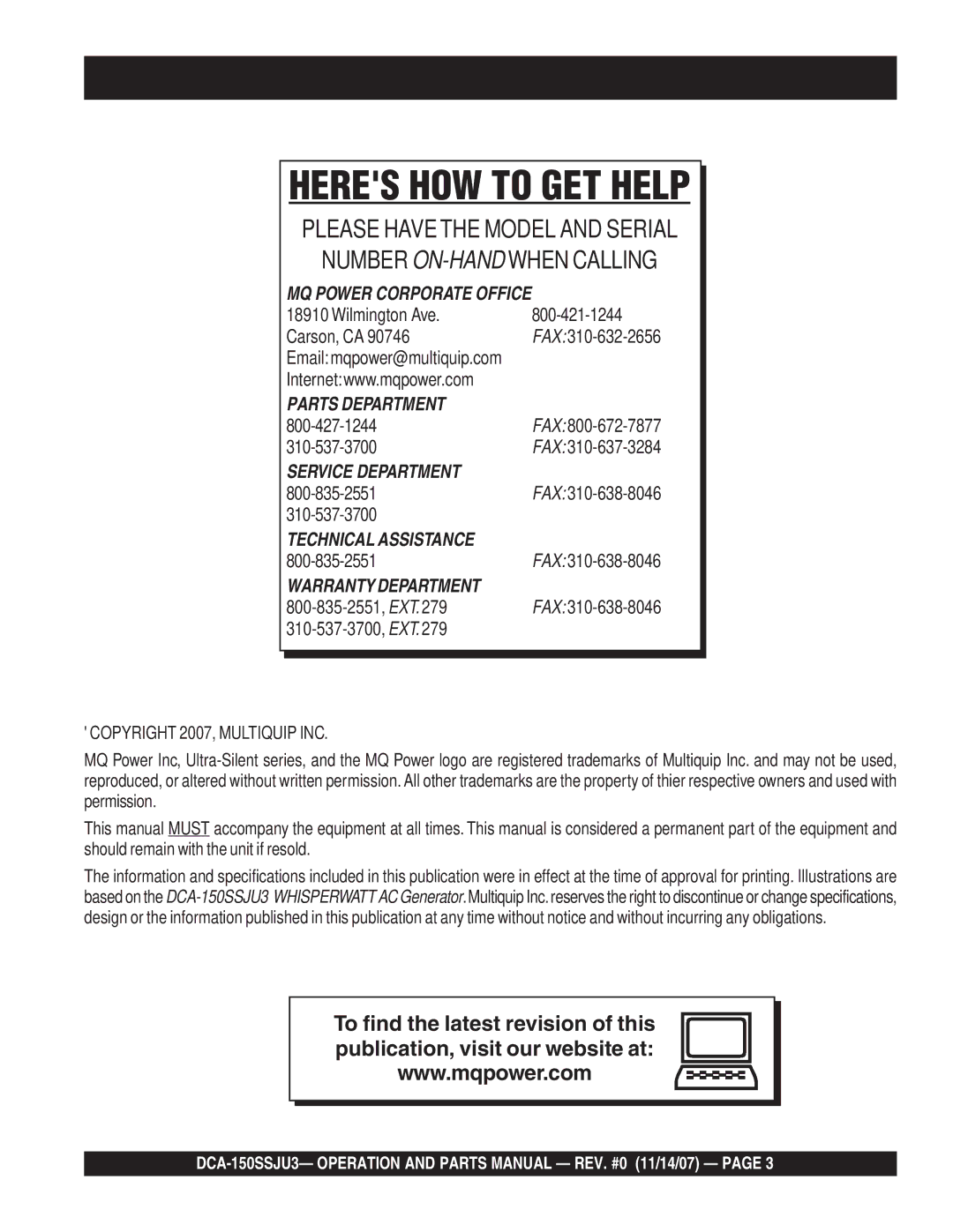 Multiquip DCA-150SSJU3 operation manual Heres HOW to GET Help, Wilmington Ave Carson, CA 