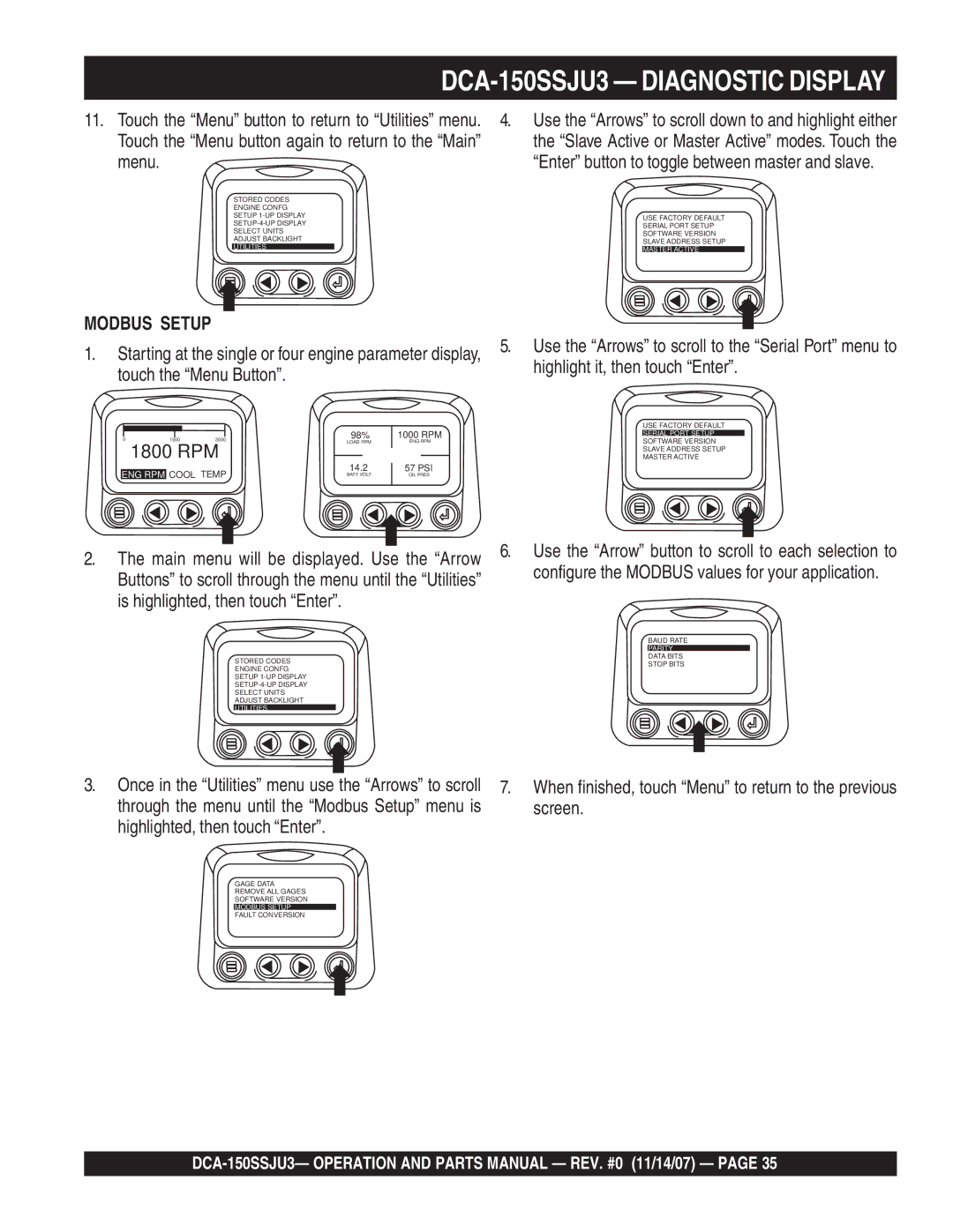 Multiquip DCA-150SSJU3 operation manual Touch the Menu button again to return to the Main 