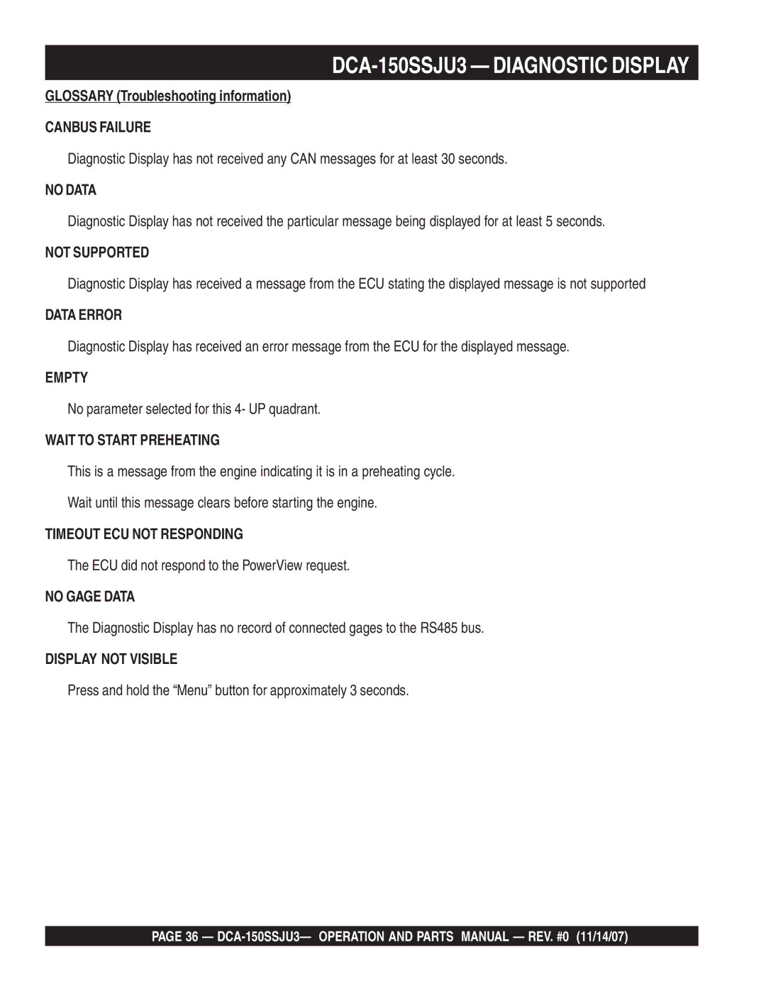 Multiquip operation manual DCA-150SSJU3 Diagnostic Display, Glossary Troubleshooting information 