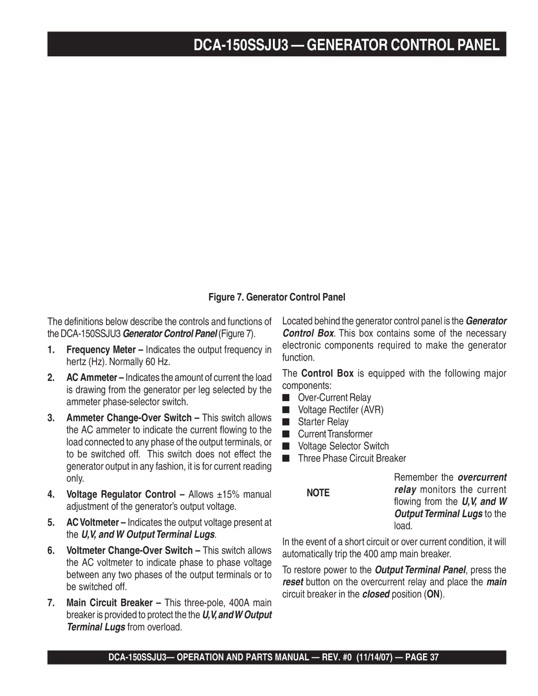 Multiquip operation manual DCA-150SSJU3 Generator Control Panel 