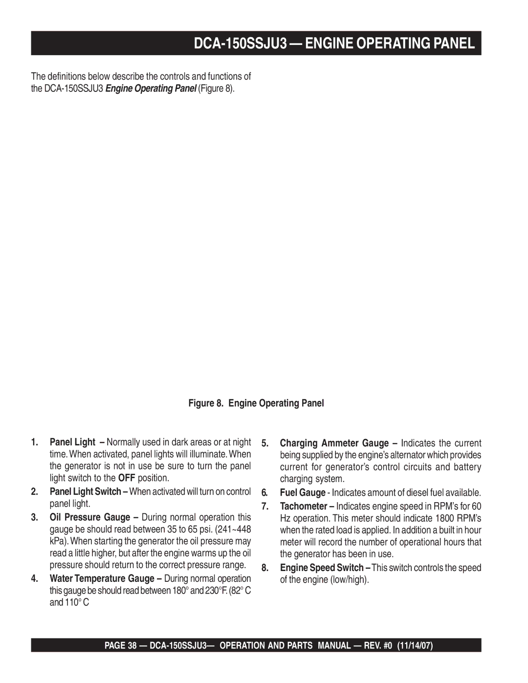 Multiquip operation manual DCA-150SSJU3 Engine Operating Panel, Fuel Gauge Indicates amount of diesel fuel available 