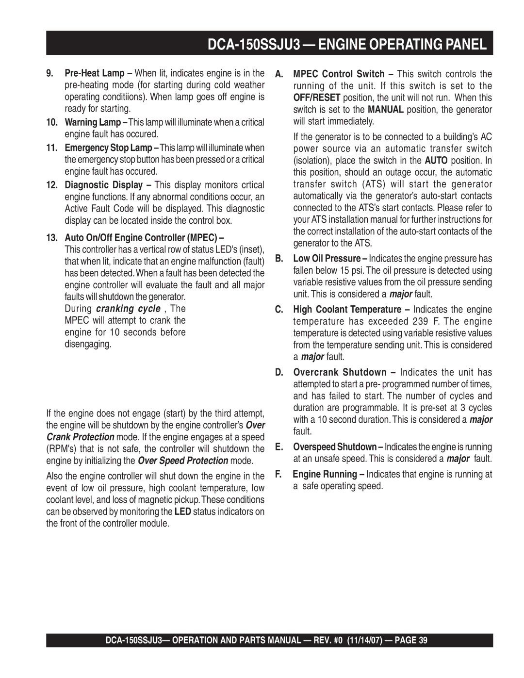 Multiquip operation manual DCA-150SSJU3 Engine Operating Panel, Auto On/Off Engine Controller Mpec 