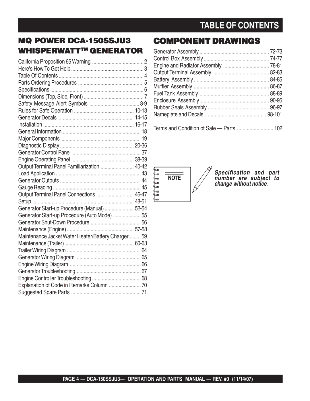 Multiquip DCA-150SSJU3 operation manual Table of Contents 