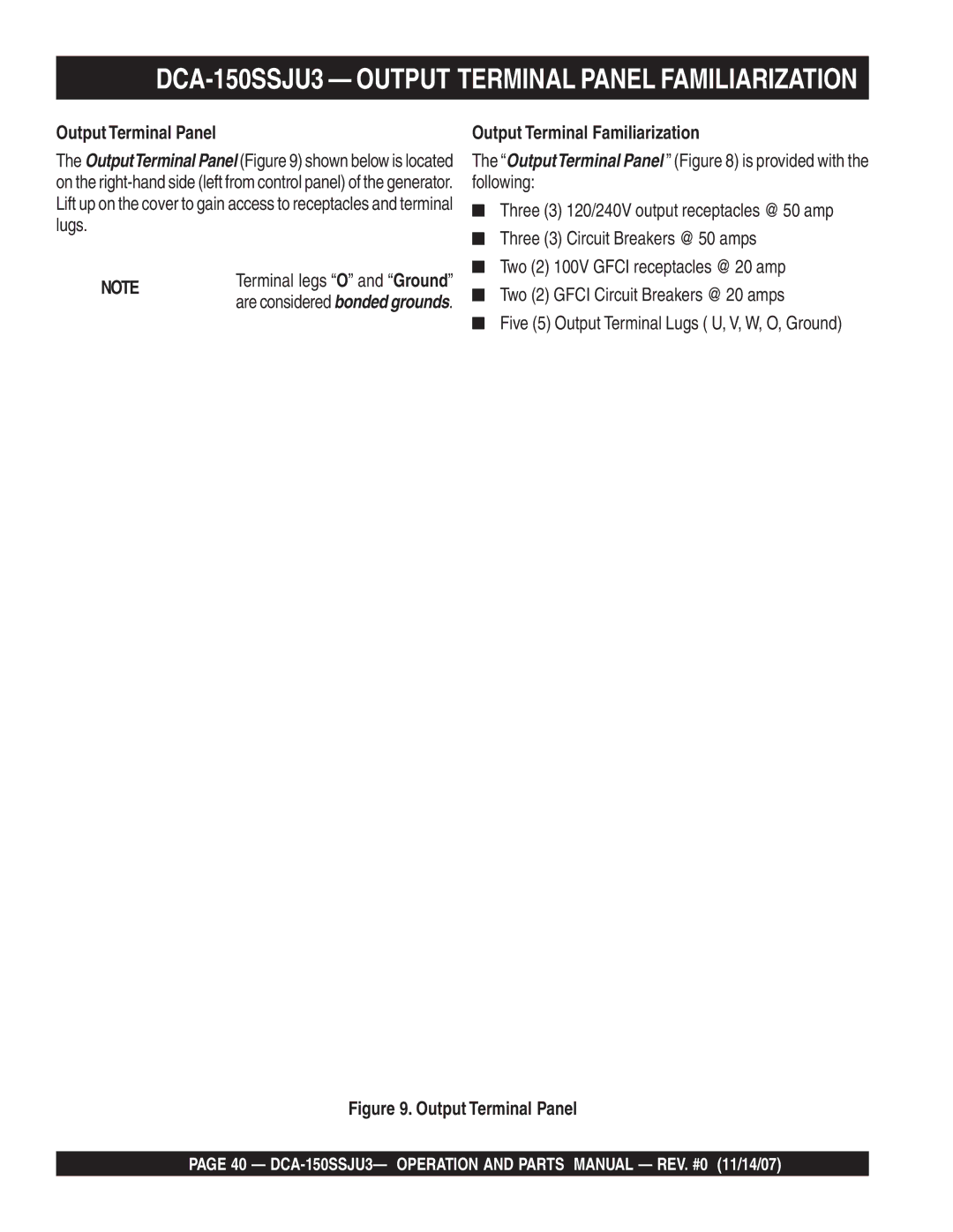 Multiquip operation manual DCA-150SSJU3 Output Terminal Panel Familiarization, Output Terminal Familiarization 