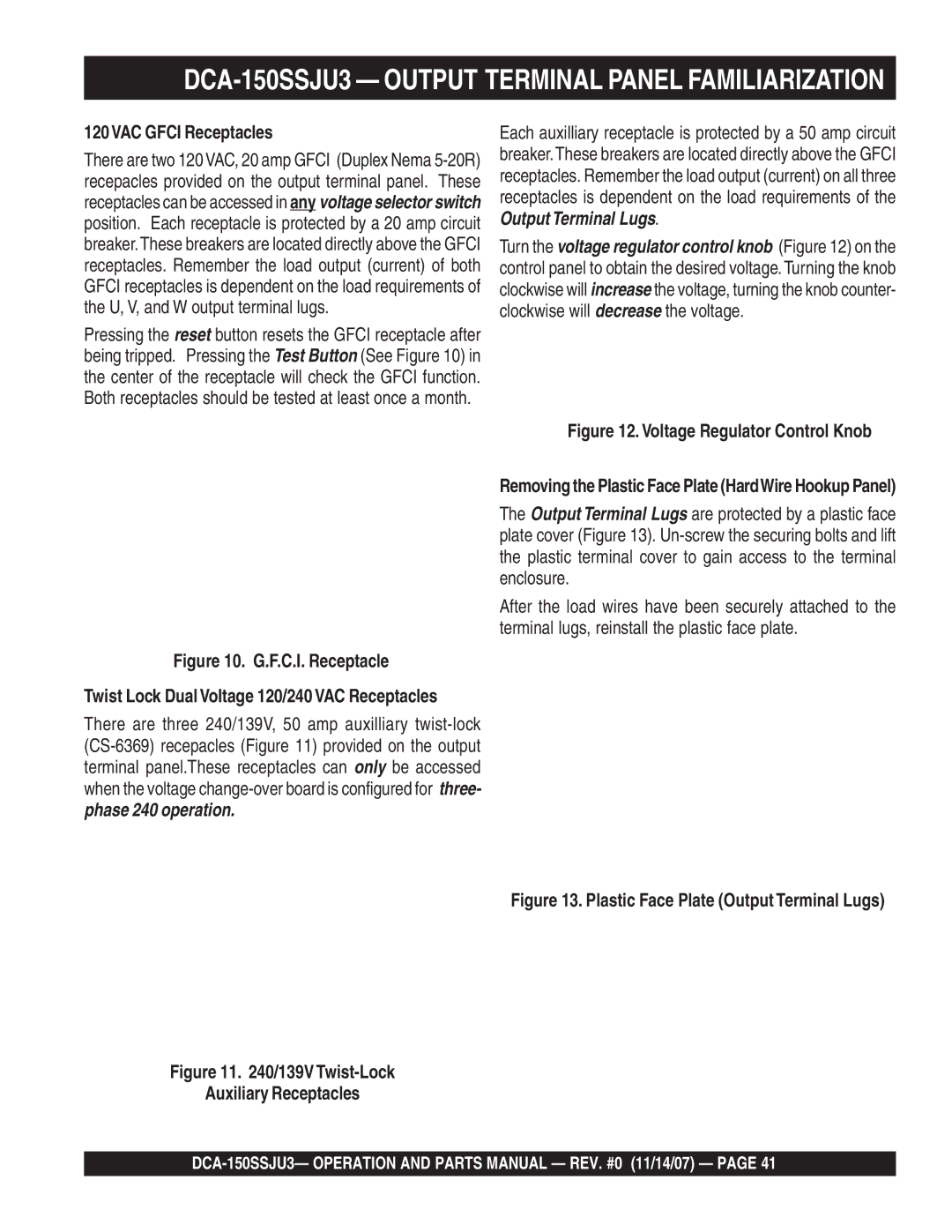 Multiquip operation manual DCA-150SSJU3 Output Terminal Panel Familiarization, 120VAC Gfci Receptacles 