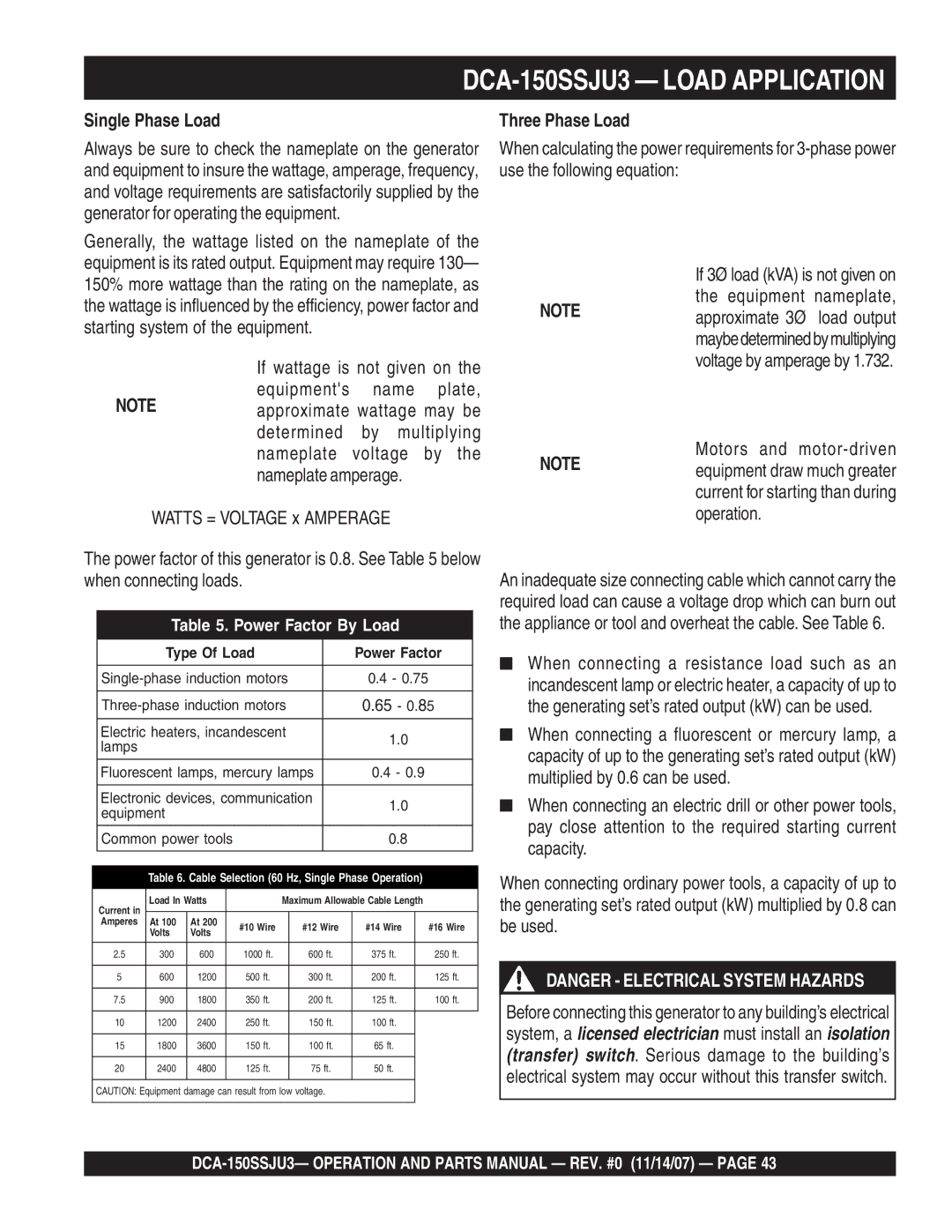 Multiquip operation manual DCA-150SSJU3 Load Application, Single Phase Load, Three Phase Load, Motors and motor-driven 