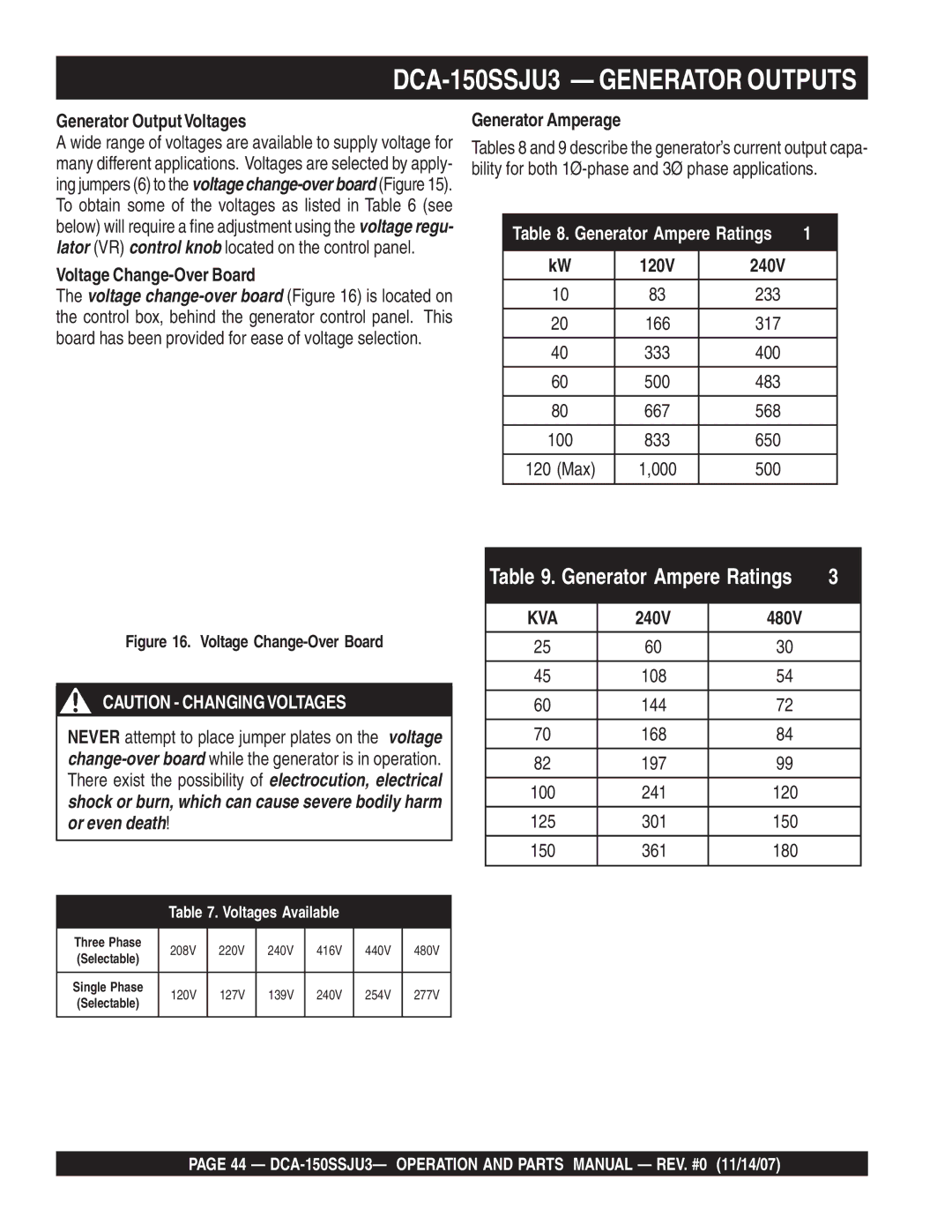 Multiquip DCA-150SSJU3 Generator OutputVoltages, Voltage Change-Over Board, Generator Amperage, 120V 240V, 240V 480V 
