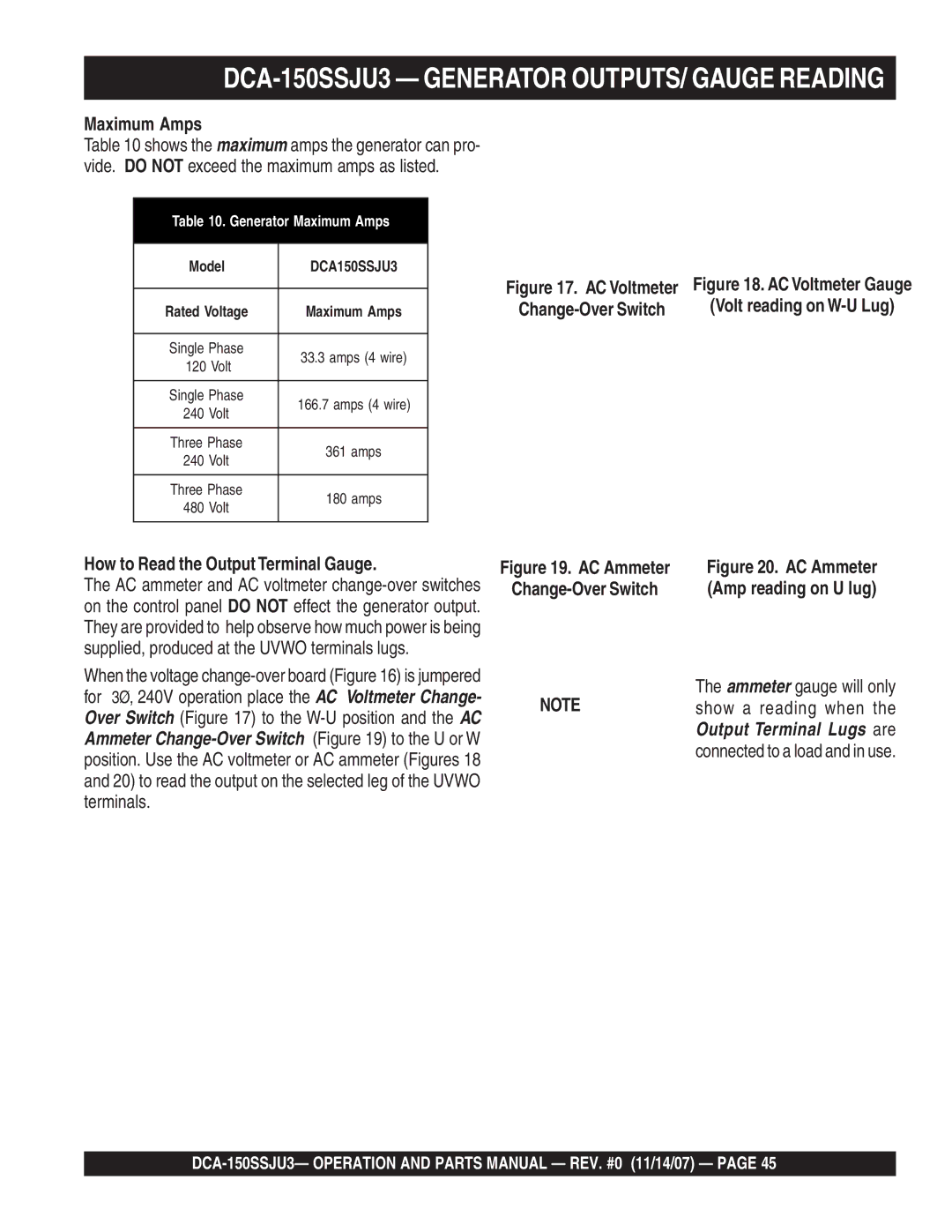 Multiquip DCA-150SSJU3 Generator OUTPUTS/ Gauge Reading, Maximum Amps, How to Read the Output Terminal Gauge 