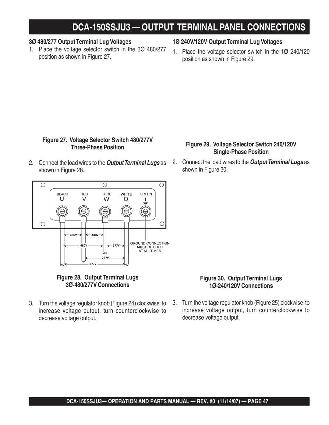 Multiquip operation manual DCA-150SSJU3 Output Terminal Panel Connections, 3Ø 480/277 Output Terminal Lug Voltages 