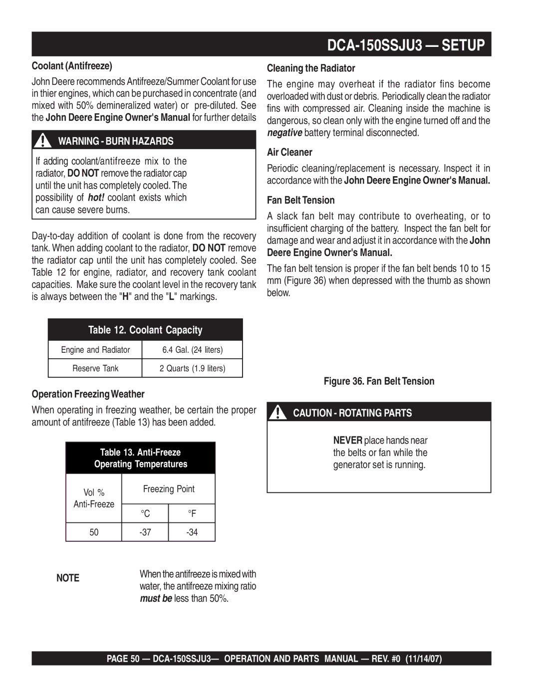 Multiquip DCA-150SSJU3 Coolant Antifreeze, Operation FreezingWeather, Cleaning the Radiator, Air Cleaner Fan Belt Tension 
