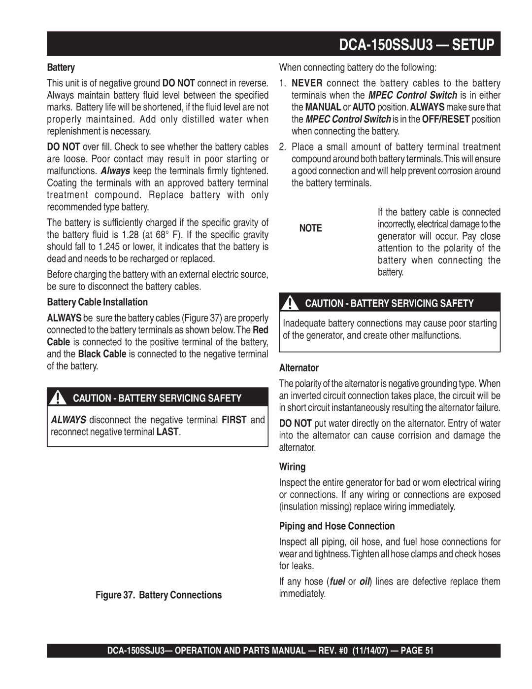 Multiquip DCA-150SSJU3 operation manual Battery Cable Installation, Alternator, Wiring, Piping and Hose Connection 