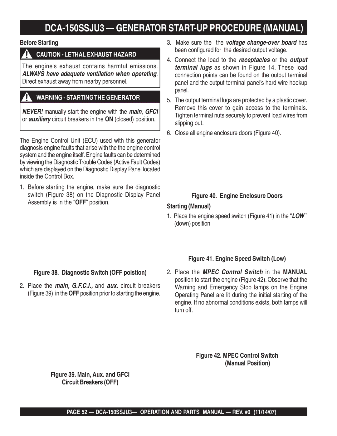 Multiquip DCA-150SSJU3 Generator START-UP Procedure Manual, Before Starting, Engines exhaust contains harmful emissions 