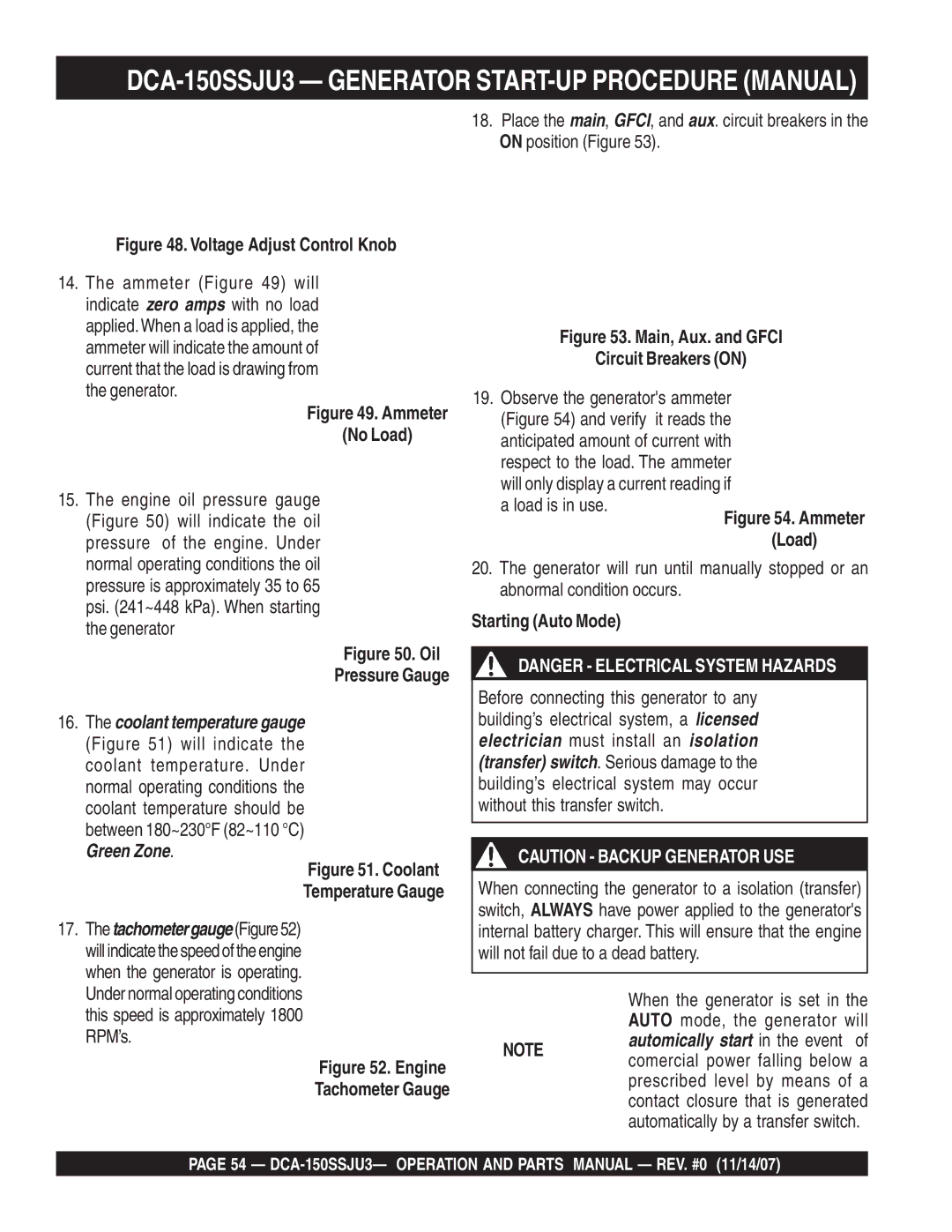 Multiquip DCA-150SSJU3 operation manual No Load, Tachometer Gauge, Starting Auto Mode 