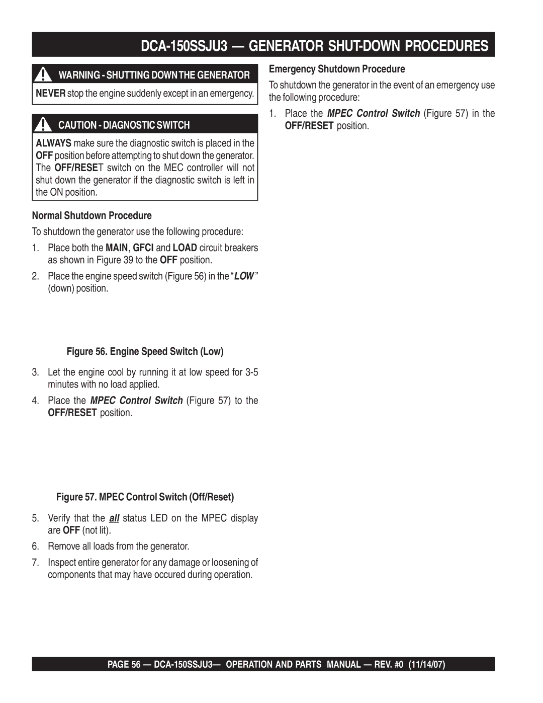 Multiquip DCA-150SSJU3 Generator SHUT-DOWN Procedures, Normal Shutdown Procedure, Emergency Shutdown Procedure 