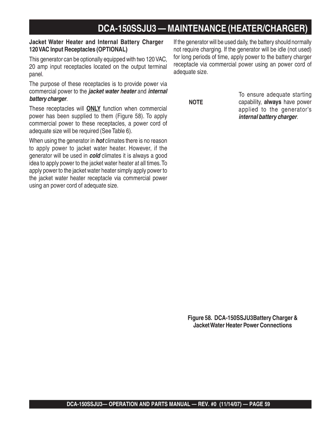 Multiquip operation manual DCA-150SSJU3 Maintenance HEATER/CHARGER, To ensure adequate starting 