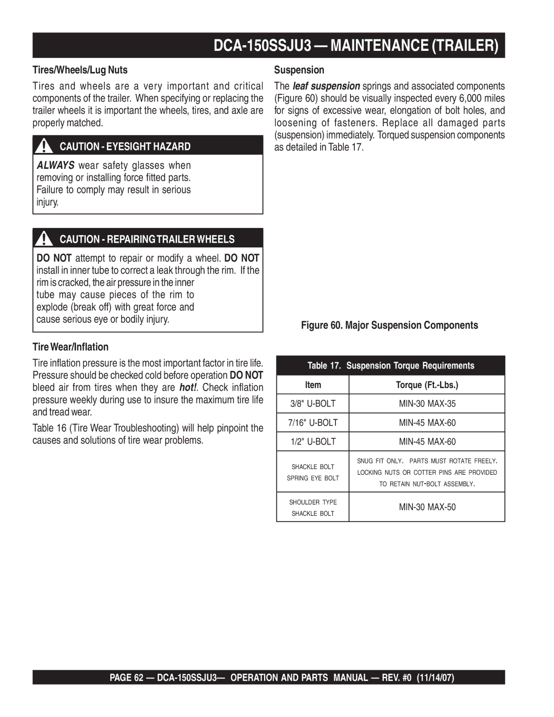 Multiquip DCA-150SSJU3 operation manual Tires/Wheels/Lug Nuts, TireWear/Inflation, Suspension 