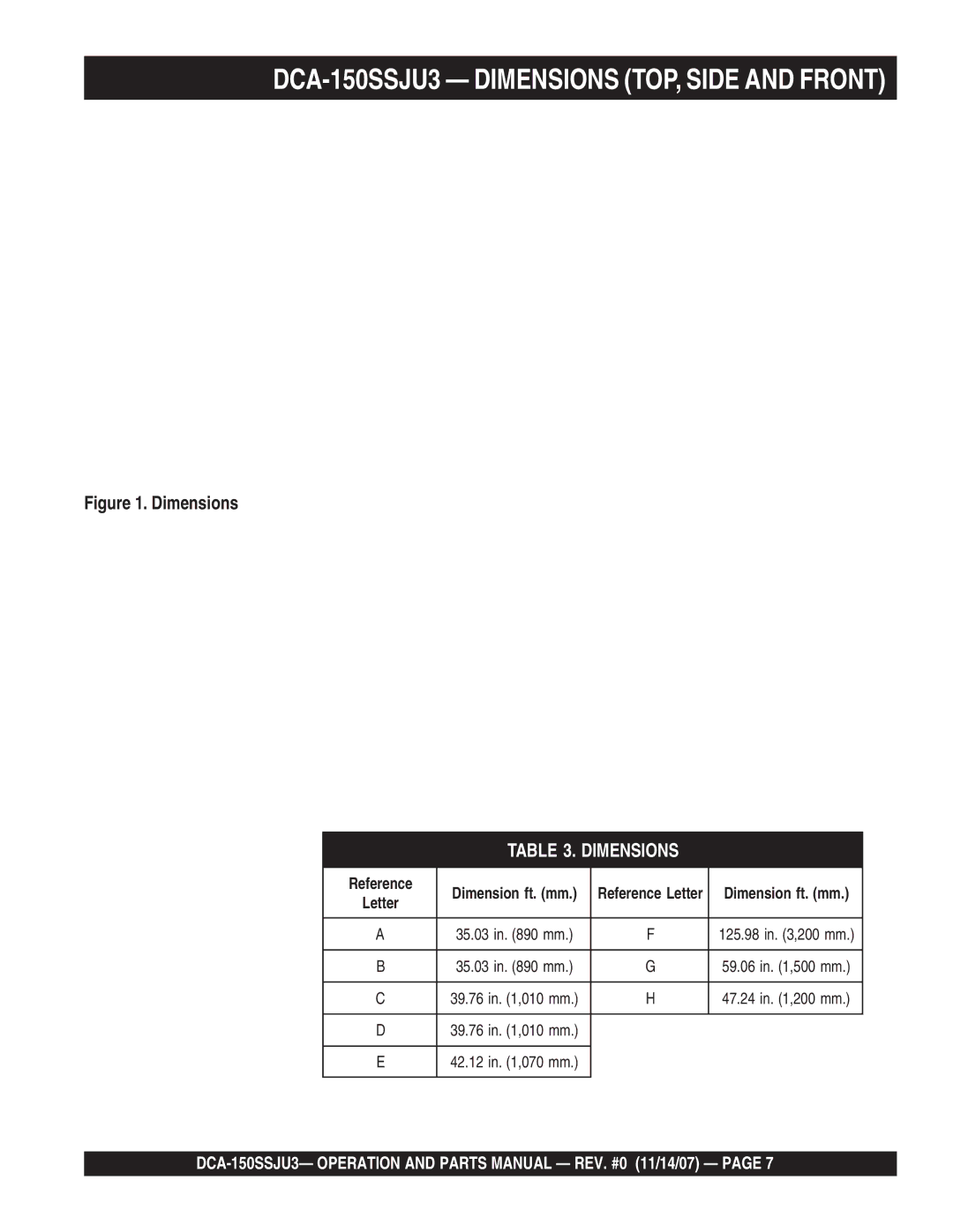 Multiquip operation manual DCA-150SSJU3 Dimensions TOP, Side and Front 