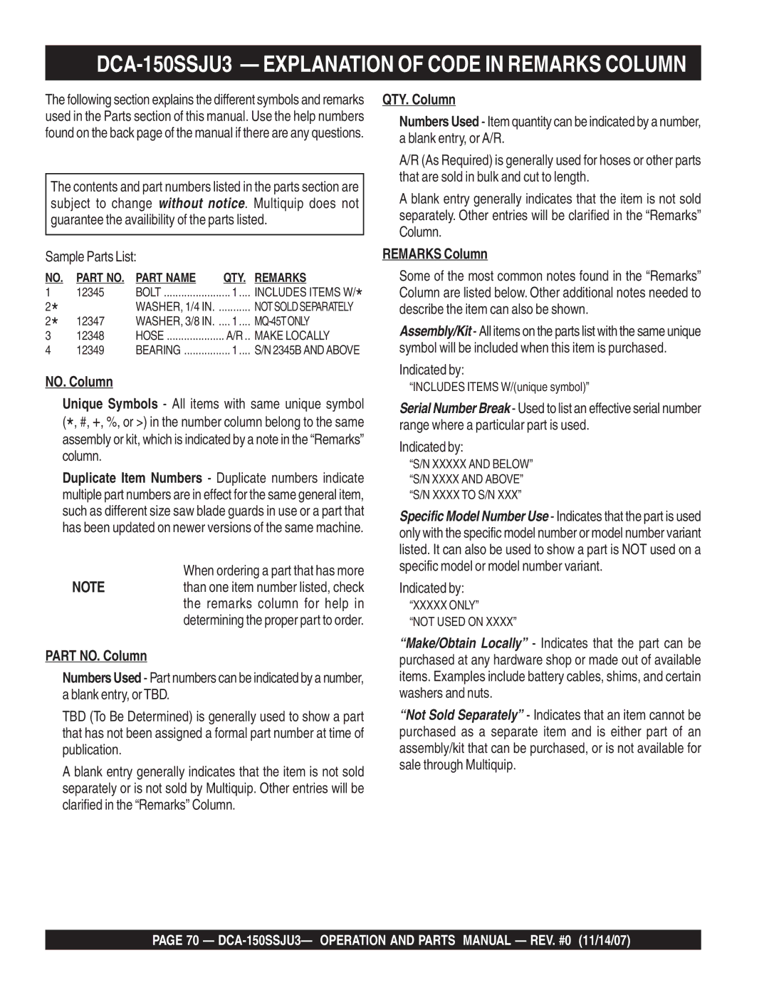 Multiquip operation manual DCA-150SSJU3 Explanation of Code in Remarks Column, Sample Parts List 