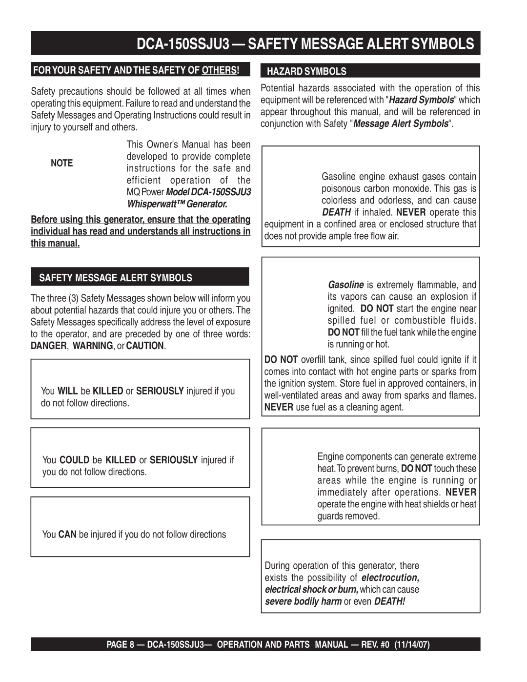 Multiquip operation manual DCA-150SSJU3 Safety Message Alert Symbols, Hazard Symbols 