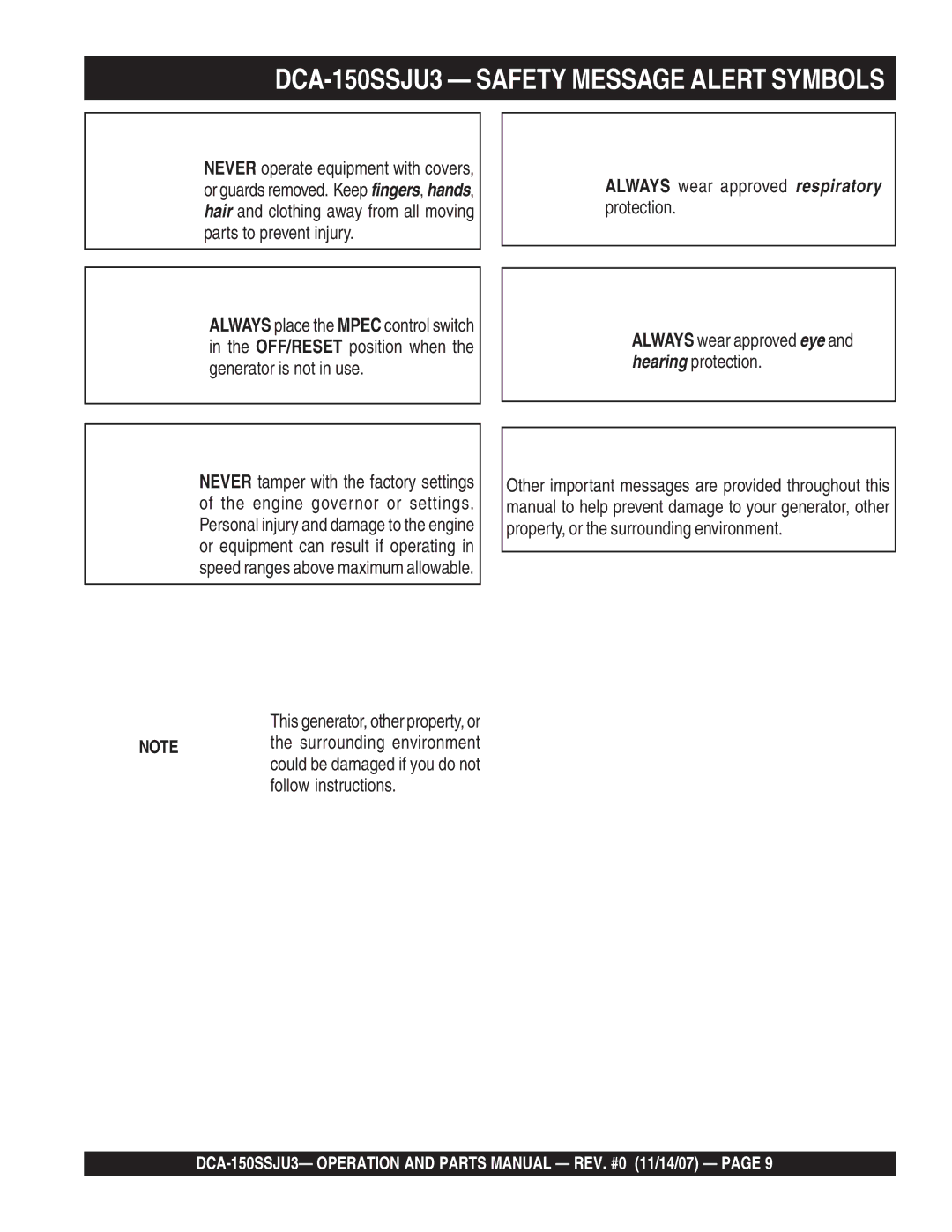 Multiquip operation manual DCA-150SSJU3 Safety Message Alert Symbols, This generator, other property, or 