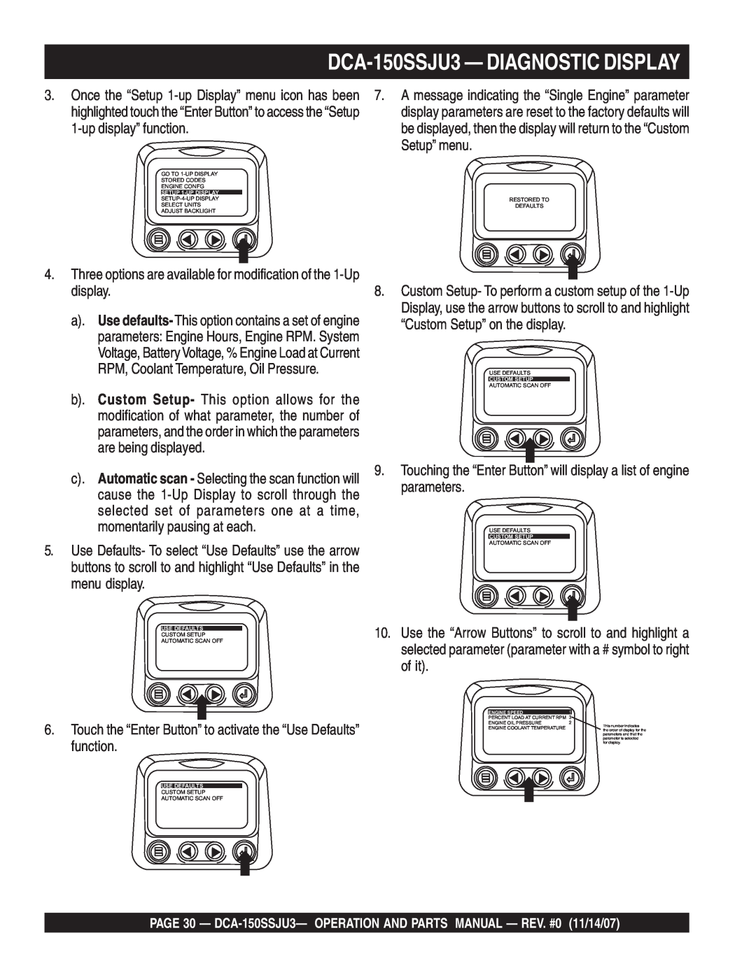 Multiquip operation manual DCA-150SSJU3— DIAGNOSTIC DISPLAY, Once the “Setup 1-upDisplay” menu icon has been 