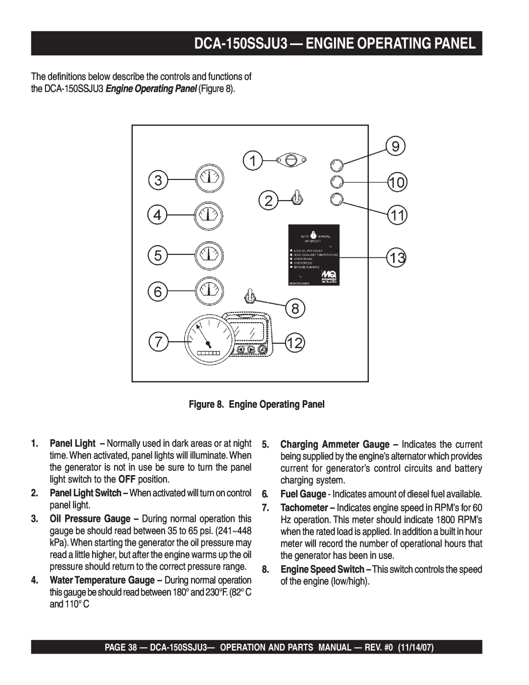 Multiquip operation manual DCA-150SSJU3— ENGINE OPERATING PANEL, Engine Operating Panel 