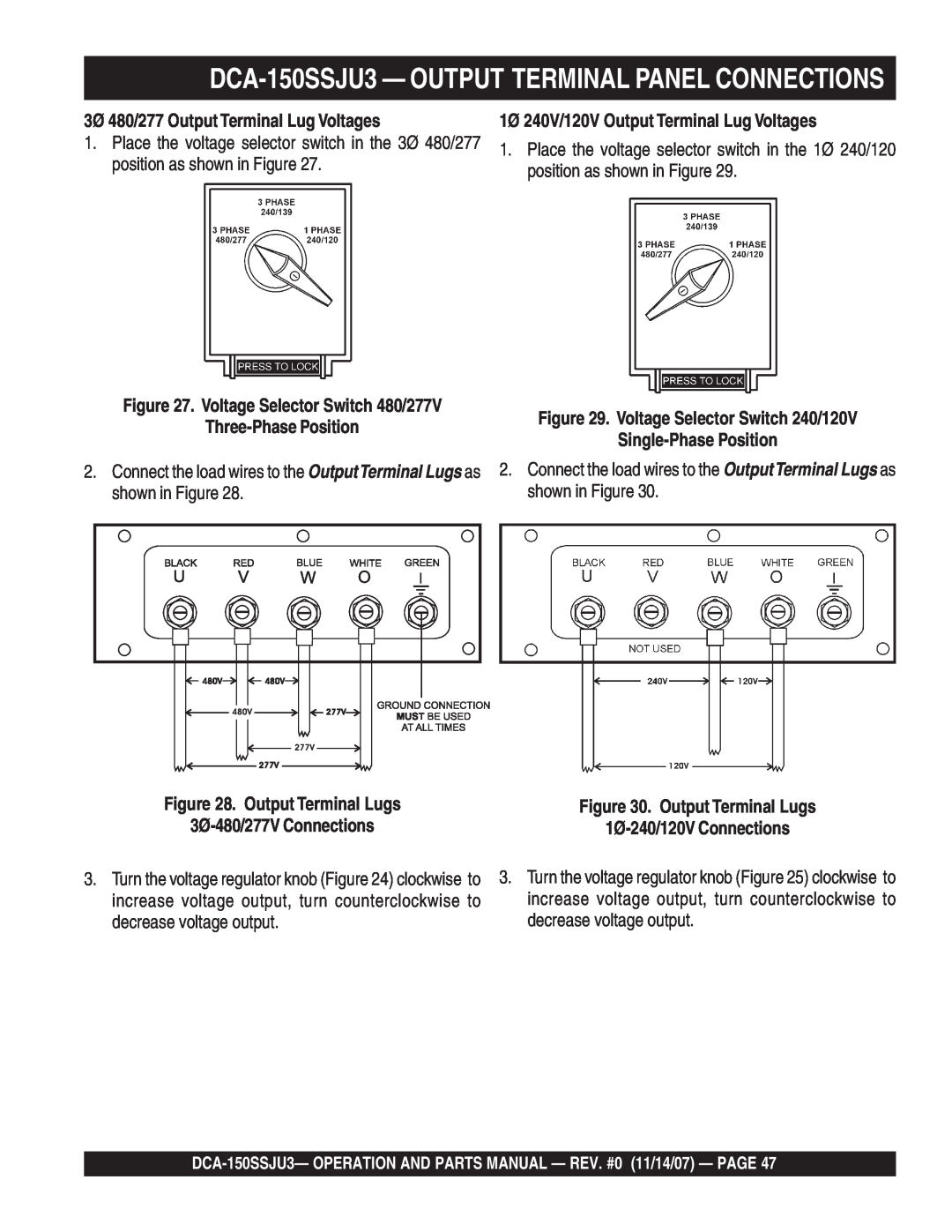 Multiquip operation manual DCA-150SSJU3— OUTPUT TERMINAL PANEL CONNECTIONS, 3Ø 480/277 Output Terminal Lug Voltages 