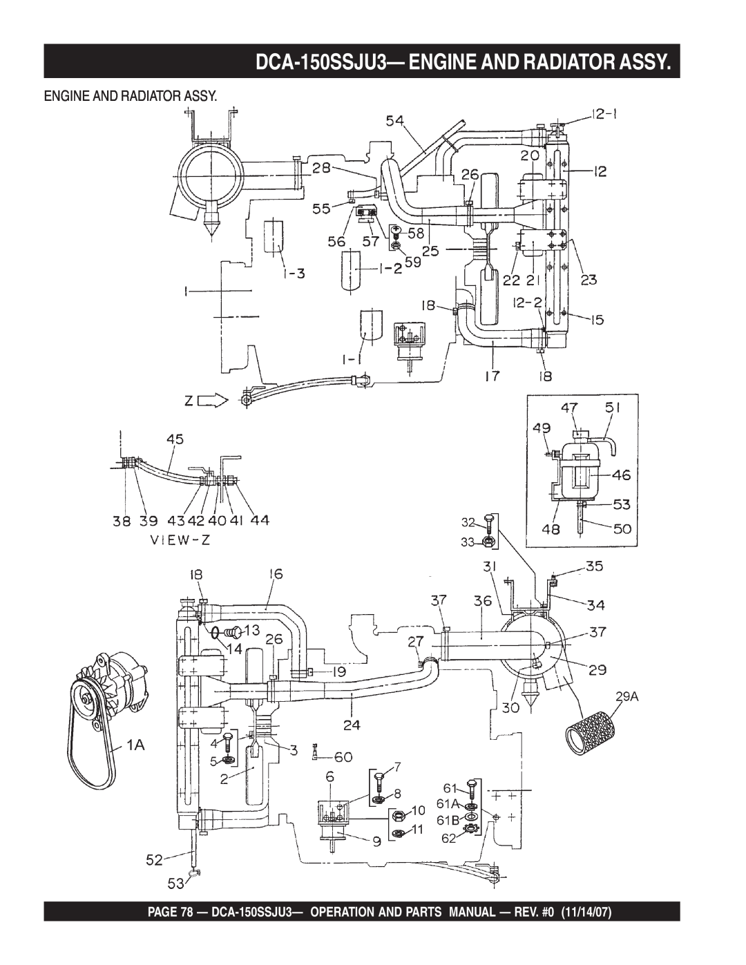 Multiquip operation manual DCA-150SSJU3—ENGINE AND RADIATOR ASSY, Engine And Radiator Assy 