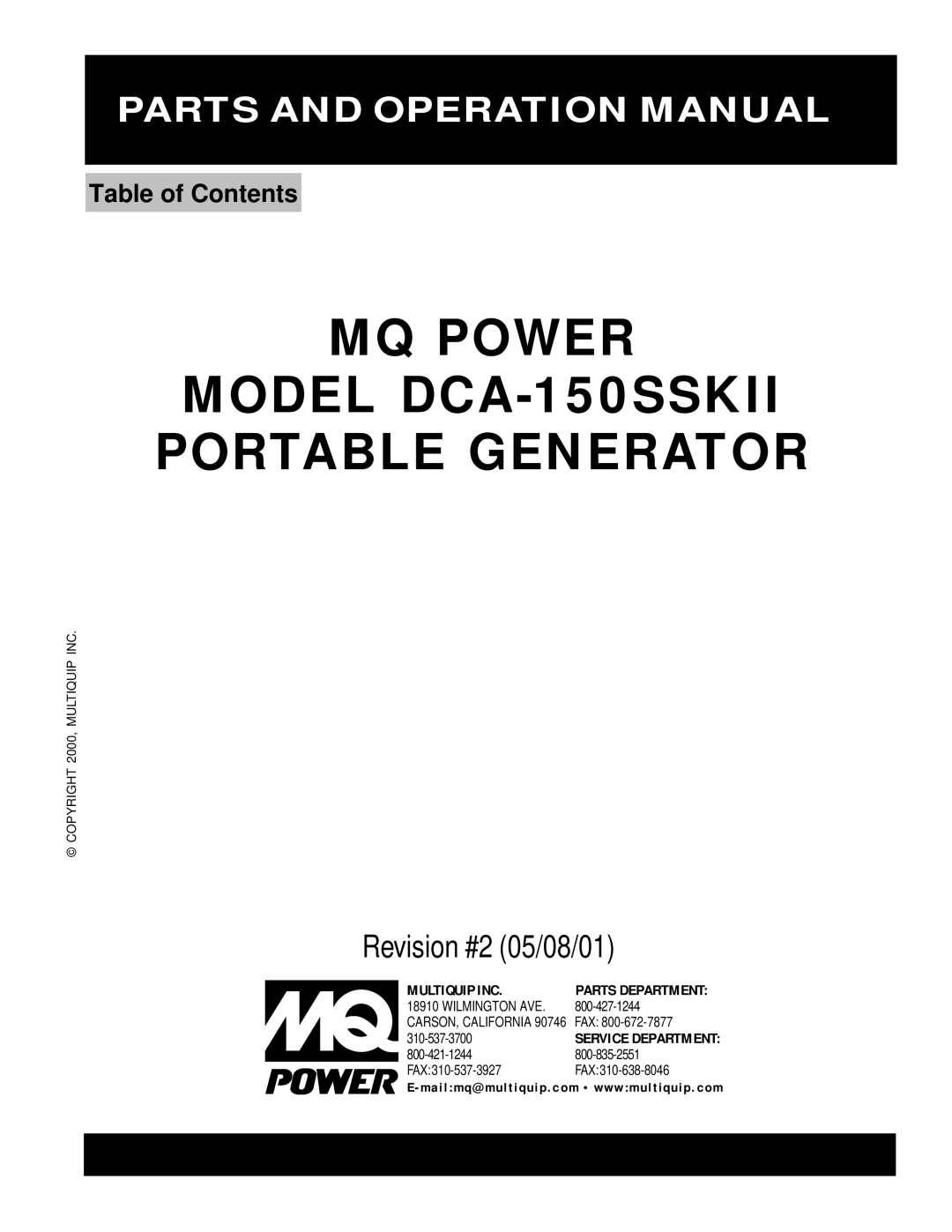 Multiquip operation manual MQ Power Model DCA-150SSKII Portable Generator 