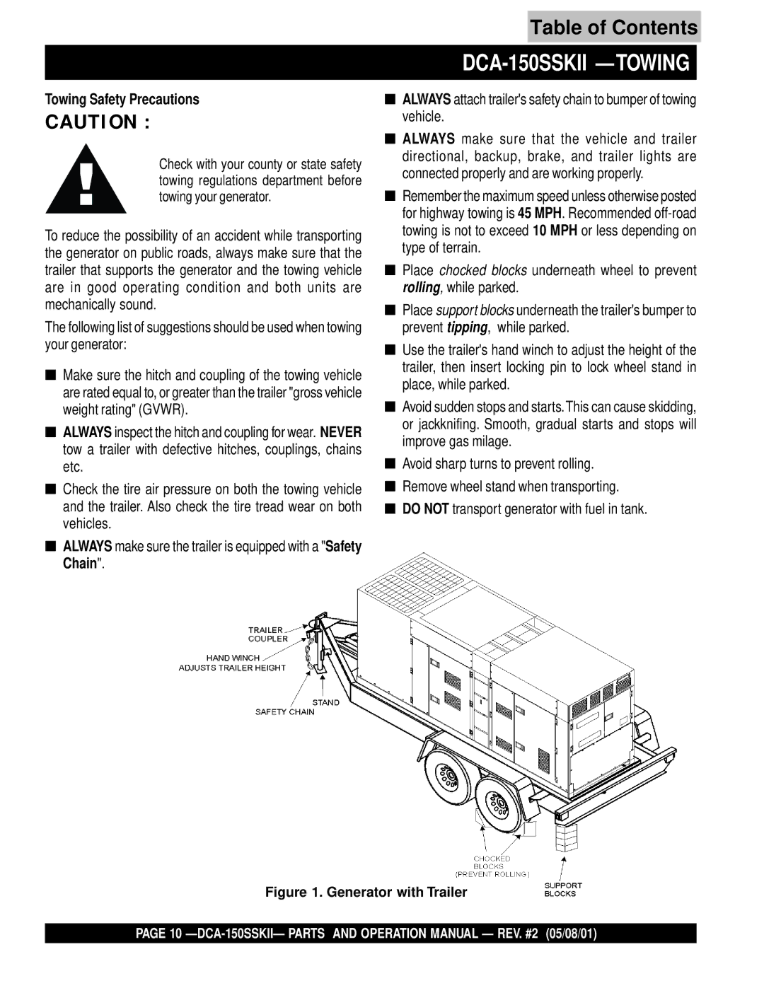 Multiquip operation manual DCA-150SSKII Towing, Towing Safety Precautions 