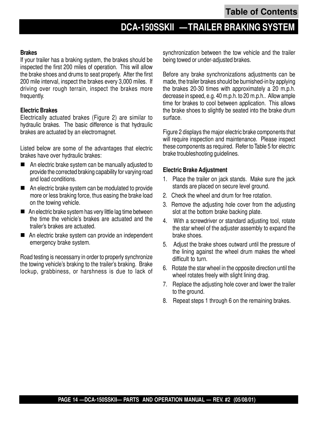 Multiquip operation manual DCA-150SSKII -TRAILER Braking System, Electric Brakes, Electric Brake Adjustment 