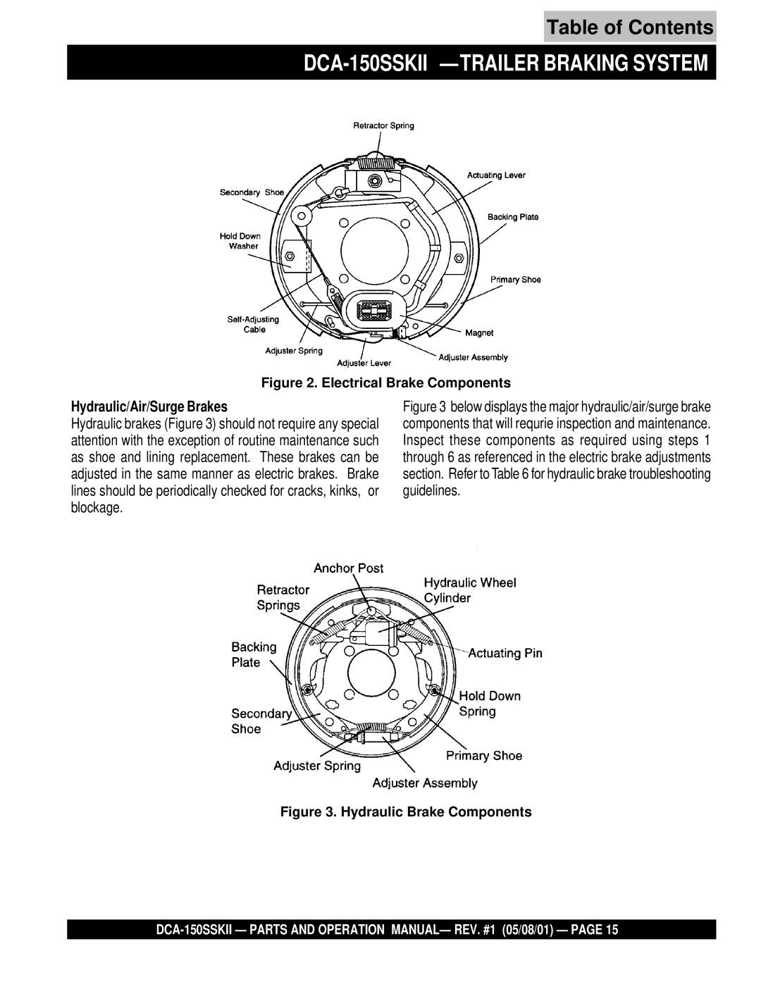 Multiquip operation manual DCA-150SSKII -TRAILER Braking System, Hydraulic/Air/Surge Brakes 