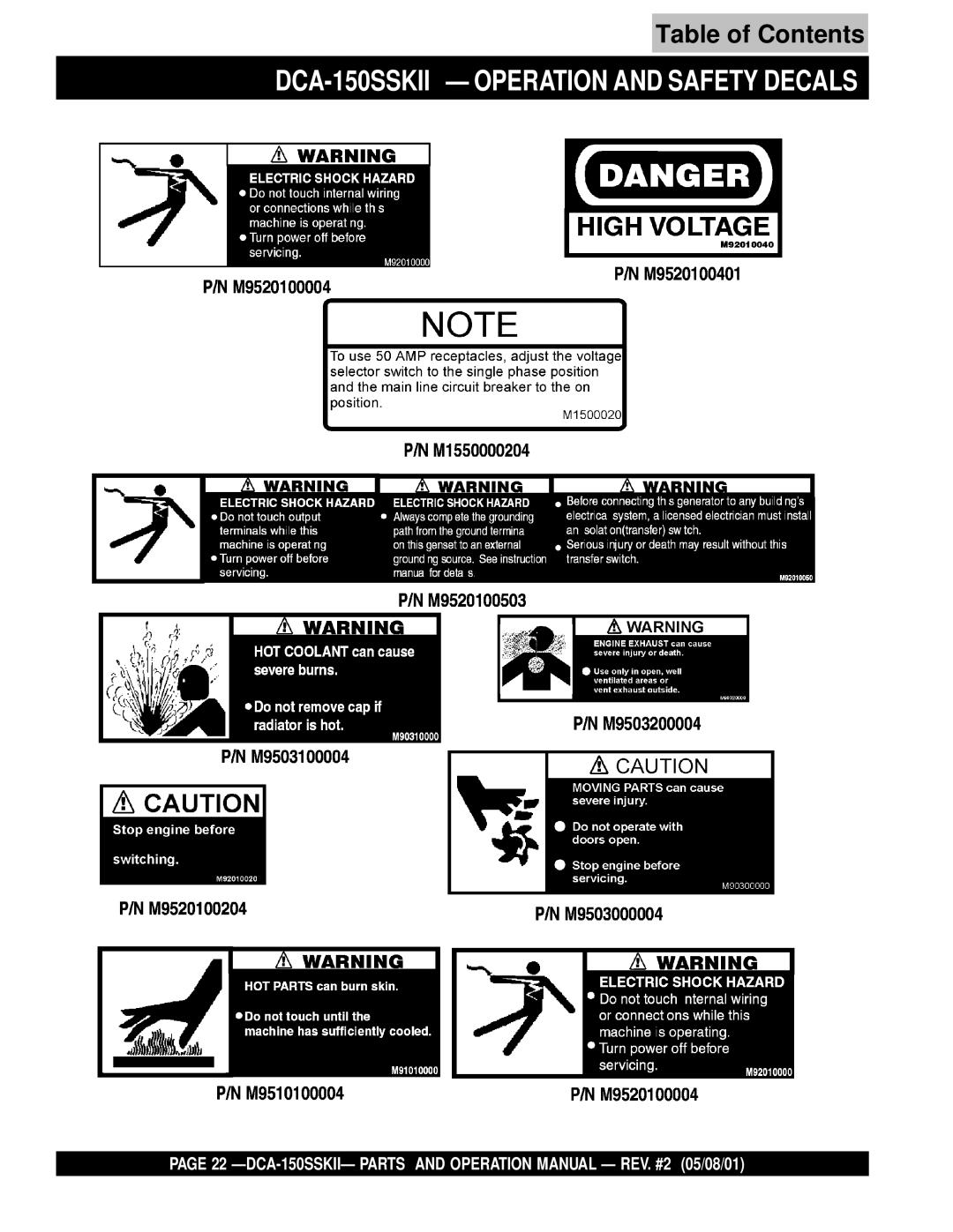 Multiquip operation manual DCA-150SSKII Operation and Safety Decals 