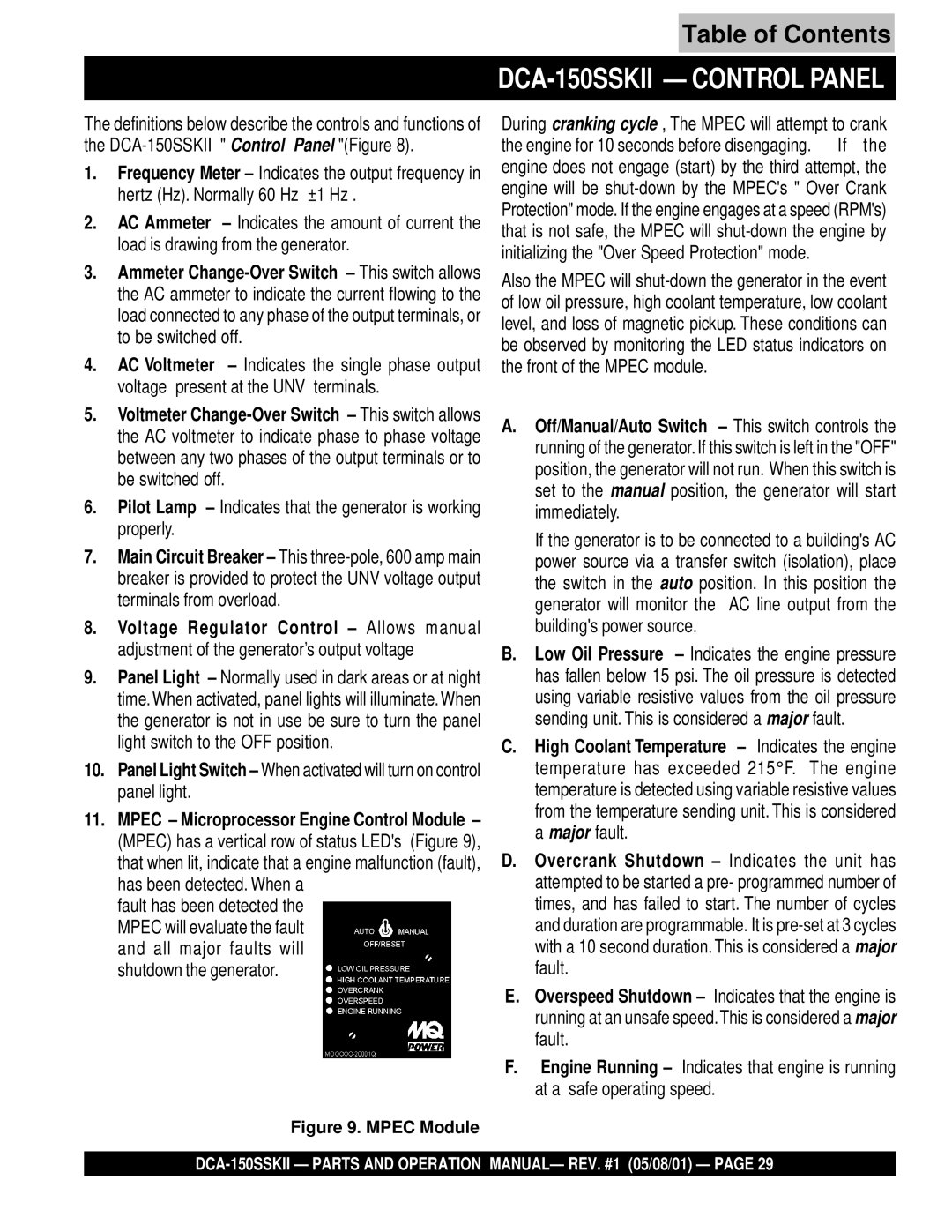 Multiquip operation manual DCA-150SSKII Control Panel, Mpec Module 