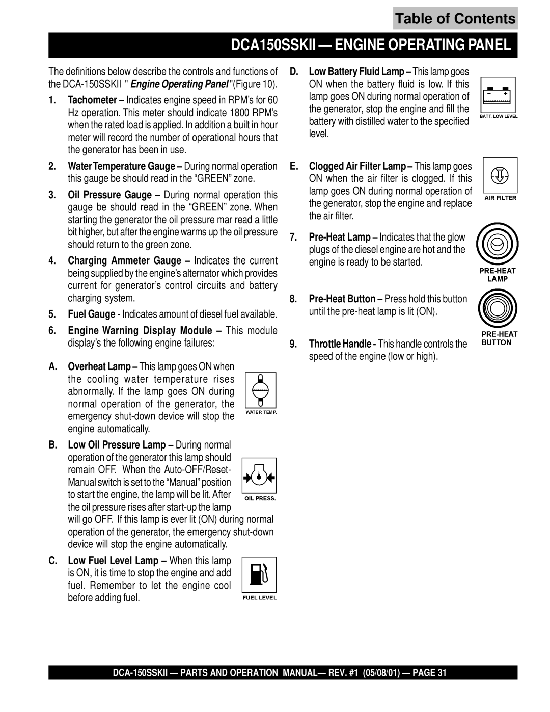 Multiquip DCA-150SSKII operation manual DCA150SSKII Engine Operating Panel 