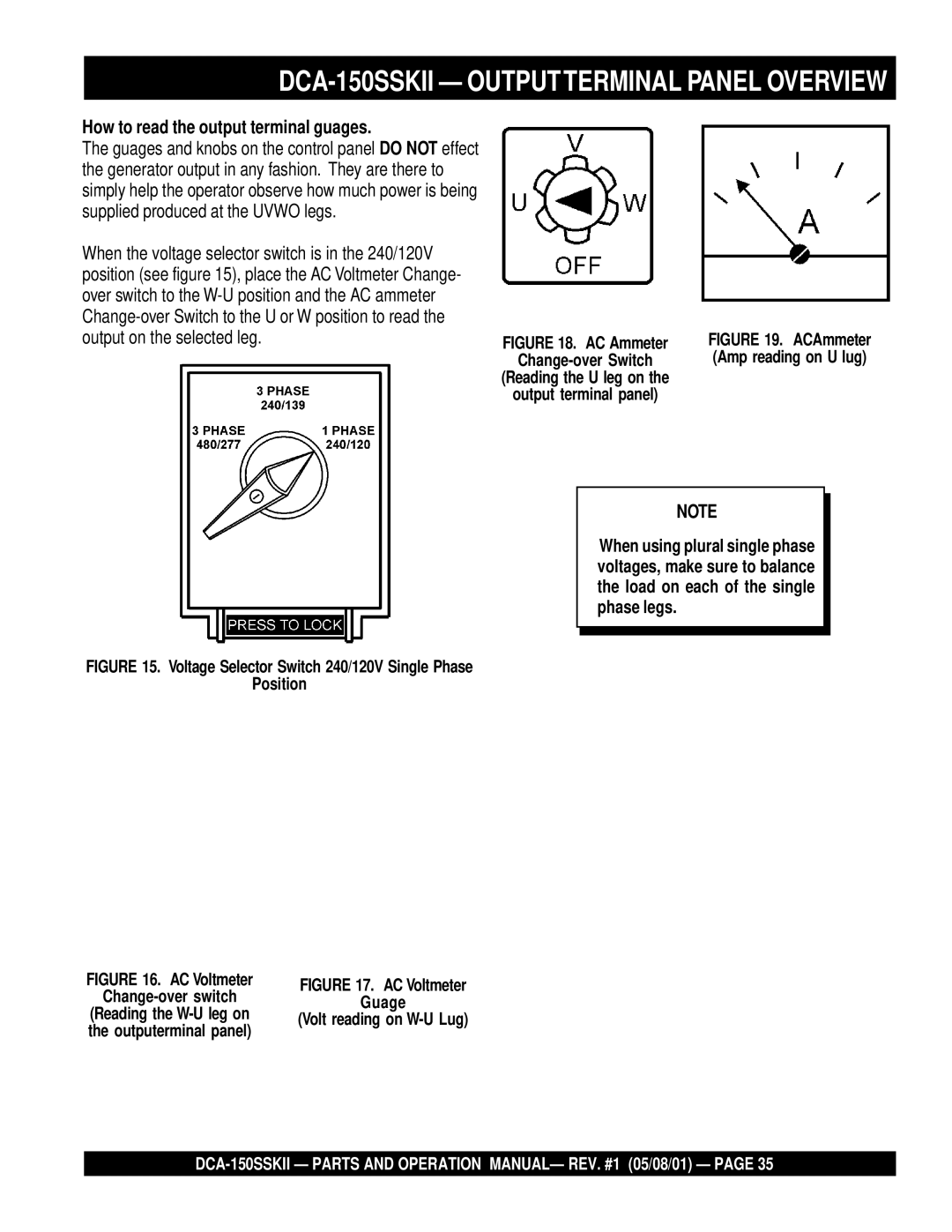 Multiquip DCA-150SSKII operation manual How to read the output terminal guages, Output on the selected leg 