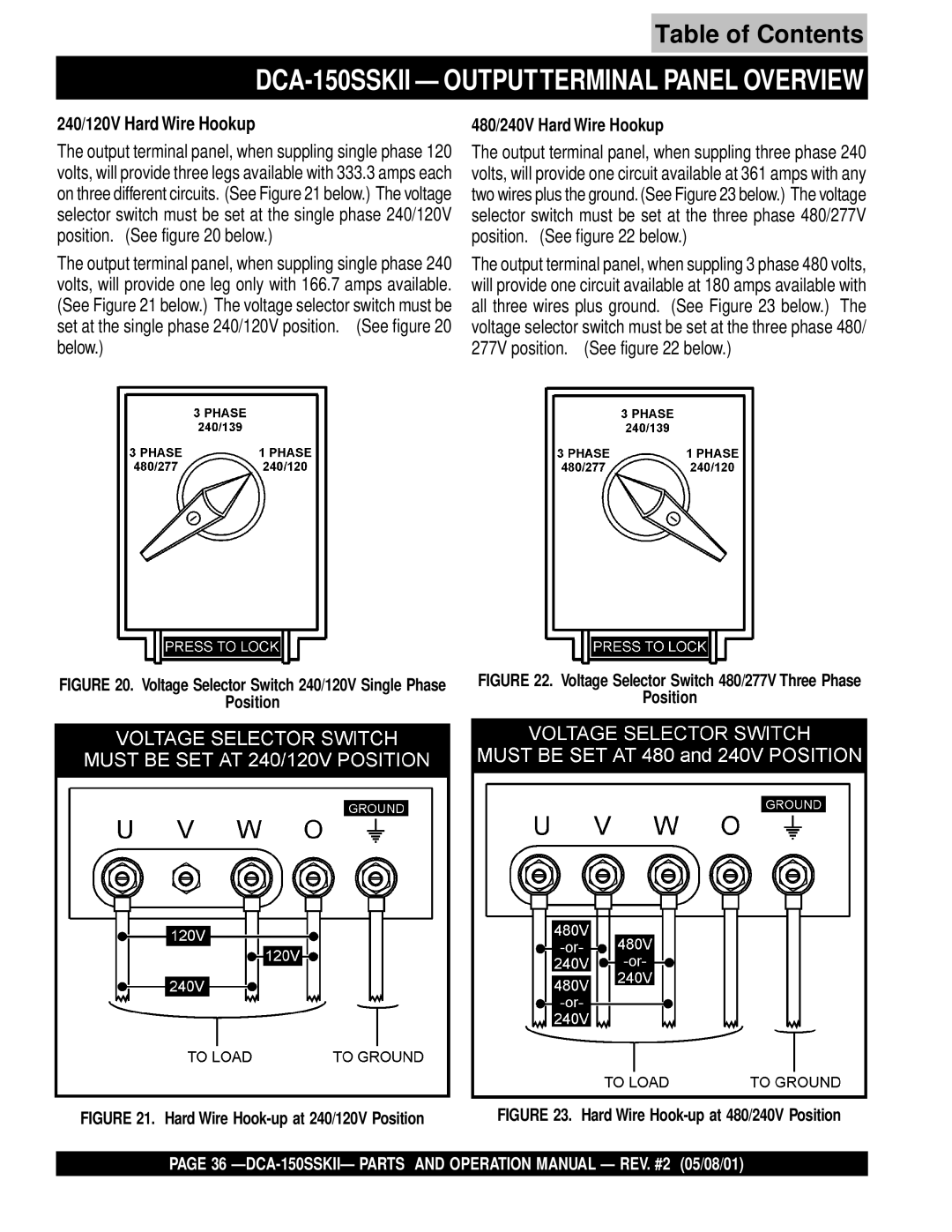 Multiquip DCA-150SSKII operation manual 240/120V Hard Wire Hookup, 480/240V Hard Wire Hookup 