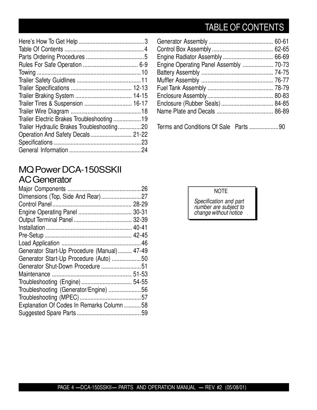 Multiquip DCA-150SSKII operation manual Table of Contents 