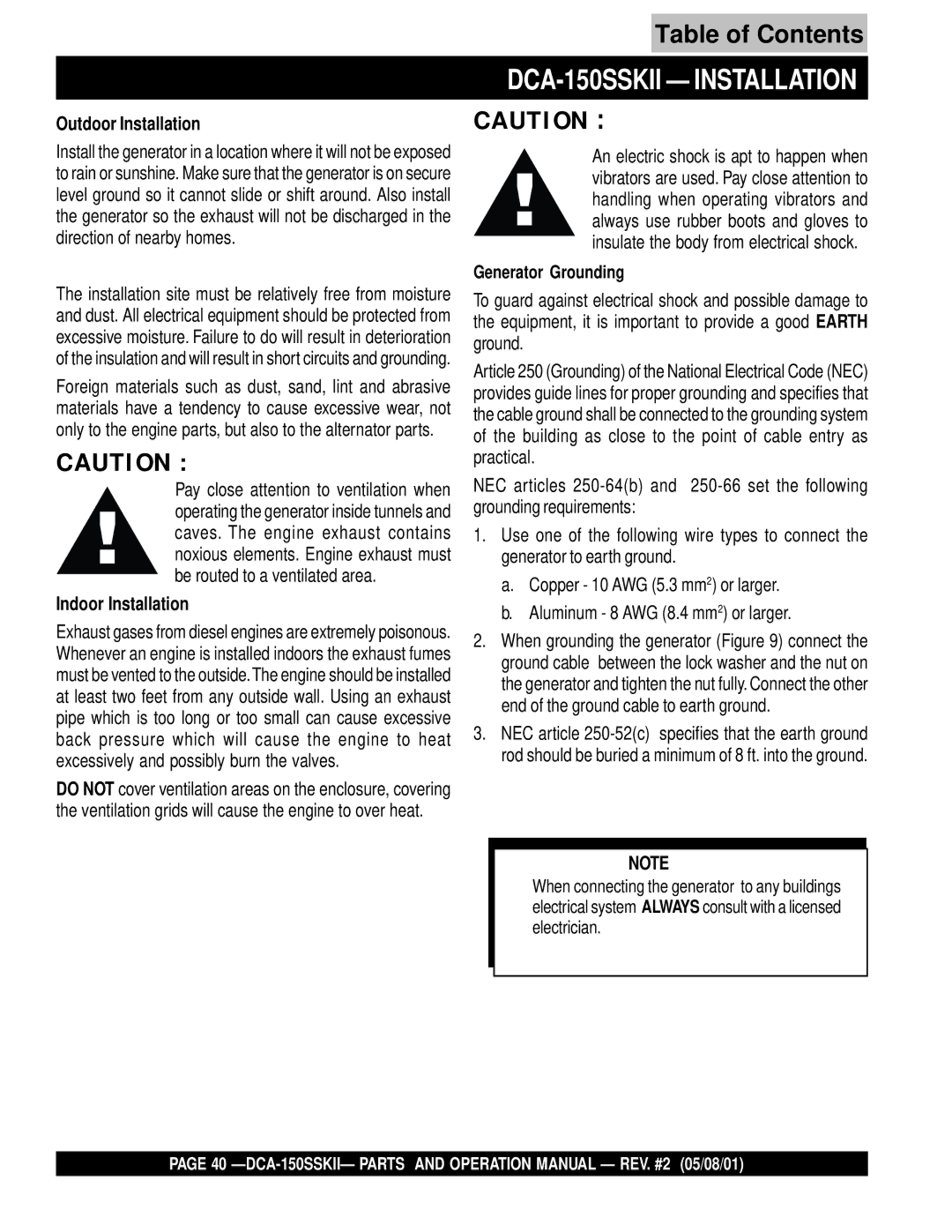 Multiquip operation manual DCA-150SSKII Installation, Outdoor Installation, Indoor Installation 