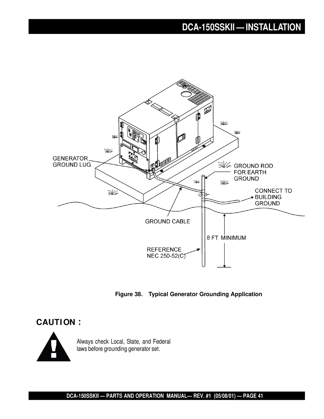 Multiquip operation manual DCA-150SSKII Installation, Typical Generator Grounding Application 