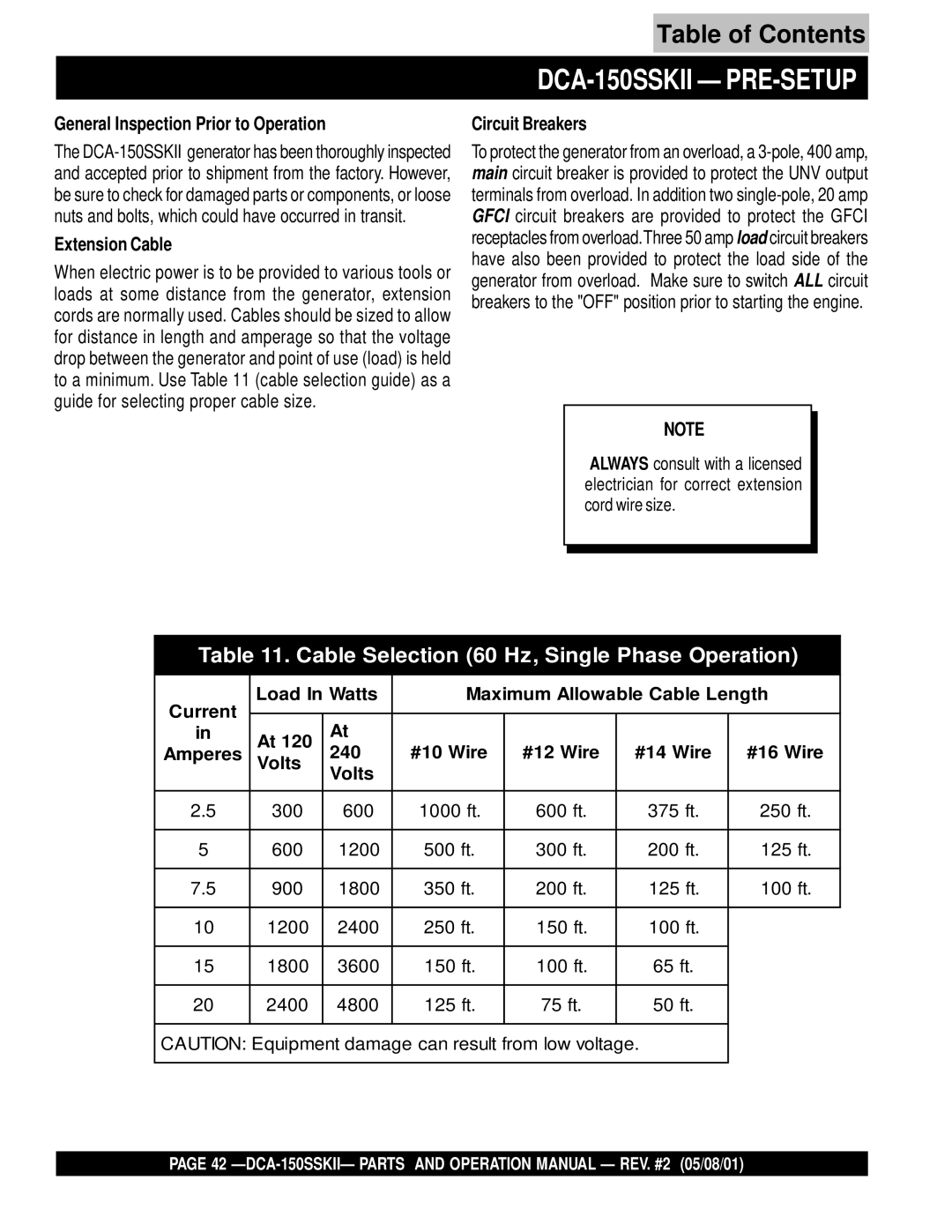 Multiquip operation manual DCA-150SSKII PRE-SETUP, General Inspection Prior to Operation, Extension Cable 