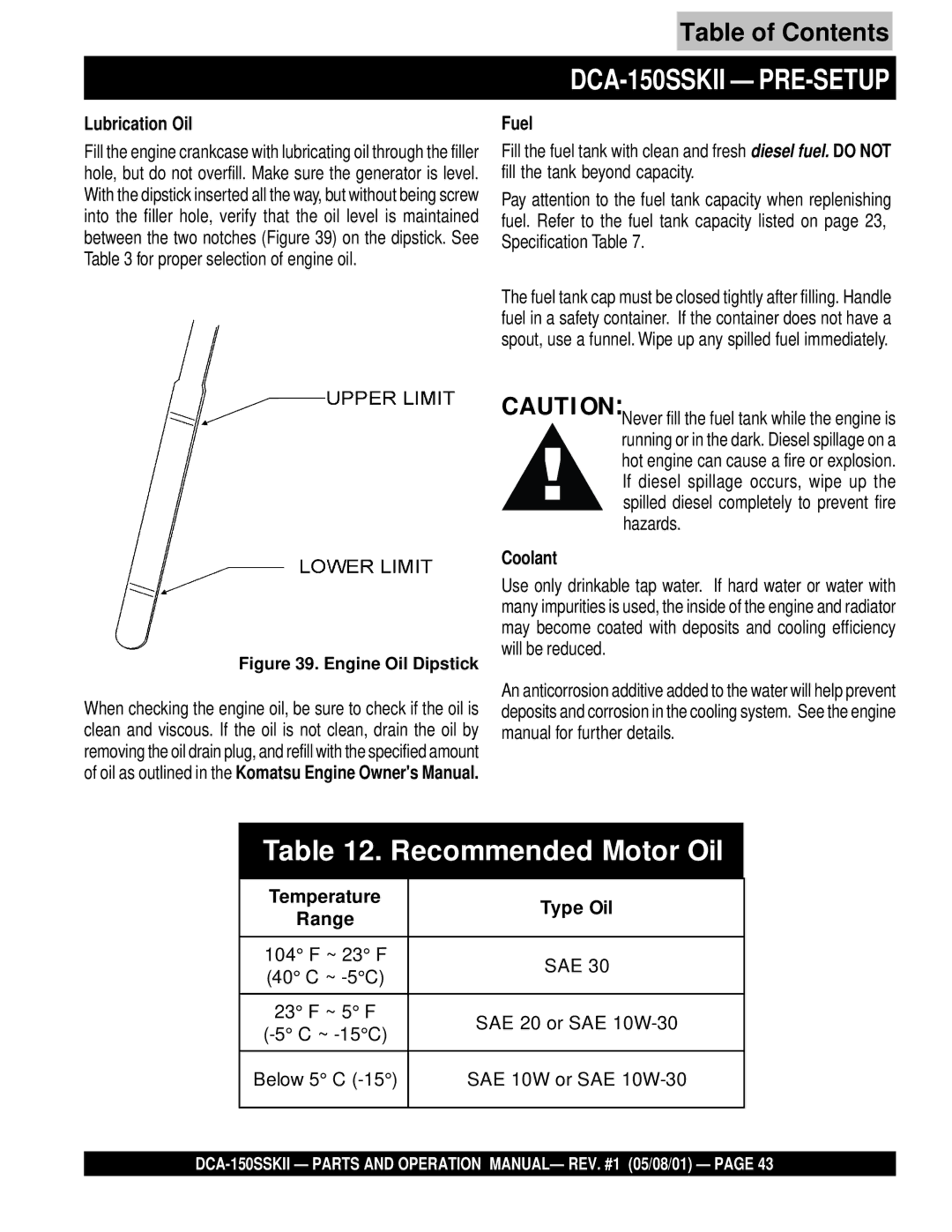 Multiquip operation manual DCA-150SSKII PRE-SETUP 