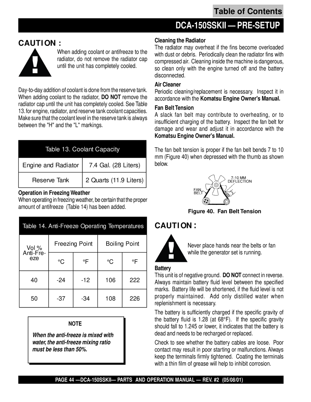 Multiquip DCA-150SSKII operation manual Cleaning the Radiator, Air Cleaner Fan Belt Tension, Operation in Freezing Weather 